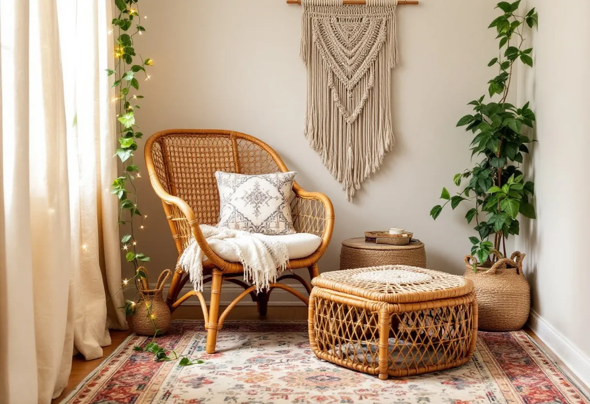 This aesthetic office exudes a warm, inviting atmosphere with its carefully curated elements. The natural light filtering through the soft, flowing curtains highlights the room's earthy tones. A prominent feature is the woven rattan furniture, including a comfortable chair and a matching ottoman, which add an organic texture to the space. The chair is adorned with a patterned pillow and a cozy throw, creating a sense of relaxation and homeliness.

The room is further enriched by the presence of greenery, with leafy plants adding a touch of freshness and vitality. A macramé wall hanging serves as a striking focal point, contributing to the bohemian vibe of the decor. The plush, pattern-rich rug underfoot introduces a subtle burst of color and complements the overall aesthetic. Together, these elements create a harmonious, serene environment ideal for concentration and calmness.