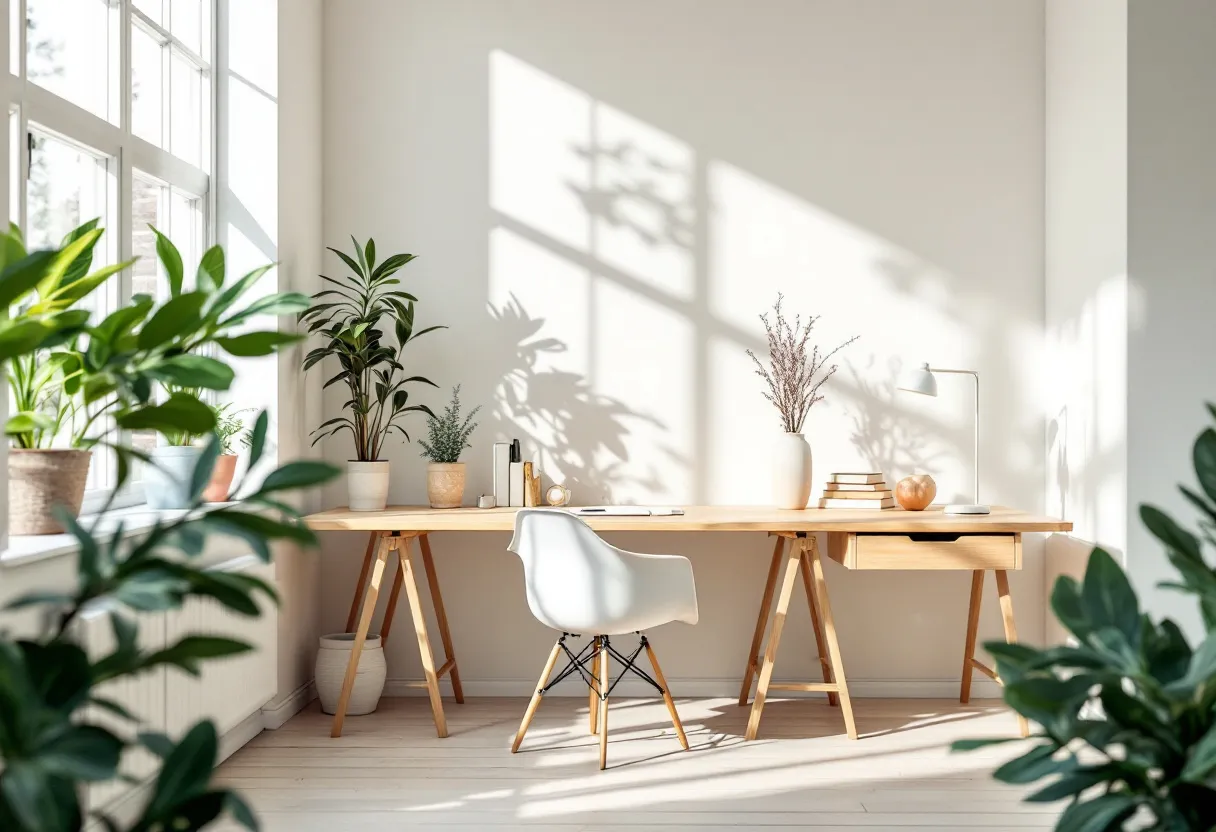 This aesthetic office is designed with a minimalist approach, showcasing a harmonious blend of natural elements and clean lines. The room is bathed in natural light streaming through large windows, creating an airy and serene atmosphere. The workspace is centered around a sleek wooden desk, with the natural grain visible, adding warmth and texture to the space. Complementing the desk is a modern, ergonomic white chair, providing both style and comfort. The ample light not only enhances the room’s spacious feel but also highlights the various decorative elements that add character.

Flanking the desk are an array of lush green plants, strategically placed to infuse the space with vibrancy and a touch of the outdoors. Potted plants on the desk and nearby surfaces bring a refreshing and lively presence, contributing to an invigorating work environment. The aesthetic is further accentuated by neutral-toned accessories, such as books and simple white lamps, maintaining the clean and uncluttered look. This combination of elements creates a perfect balance of functionality and style, making it an ideal setting for productivity and creativity.