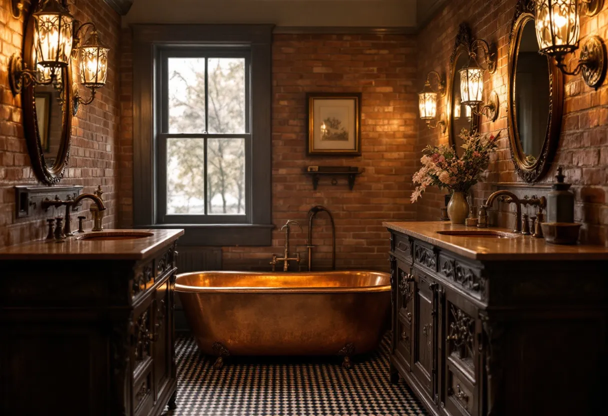 This antique bathroom exudes a warm and inviting ambiance, enhanced by the use of rich, earthy tones throughout the space. The exposed brick walls provide a rustic backdrop, adding character and depth. A prominent feature is the luxurious copper bathtub, which stands as a centerpiece against the classic checkerboard tile flooring. The bathtub’s patina and clawfoot design reflect a bygone era of elegance and pampering.

The double vanity is crafted from dark wood, showcasing intricate carvings that speak to timeless craftsmanship. Each vanity is topped with a polished countertop, and ornate oval mirrors hang above, framed in matching wood. Soft, warm lighting is provided by vintage-style wall sconces, which cast gentle illumination over the entire room. The addition of a vase with flowers adds a touch of freshness and natural beauty, complementing the overall traditional aesthetic.