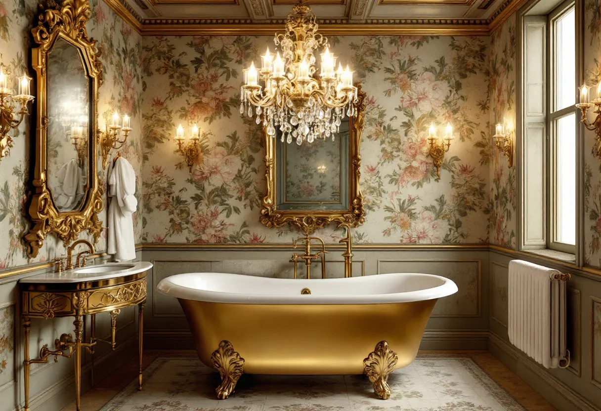 This antique bathroom exudes grandeur and elegance, reminiscent of a bygone era. The centerpiece is a luxurious clawfoot bathtub, resplendent in gold, contrasting beautifully with its pristine white interior. Its ornate clawed feet match the opulent theme of the room, suggesting a sophisticated attention to detail. The walls are adorned with floral wallpaper in subdued pastel shades, evoking a sense of warmth and vintage charm that harmonizes with the luxurious fixtures.

The room is illuminated by an extravagant chandelier, which hangs majestically from the ceiling, casting a warm, inviting glow. Complementing the chandelier are wall-mounted sconces, each equipped with multiple candle-like bulbs, enhancing the room's romantic atmosphere. A large gilded mirror is mounted on the wall above a similarly elaborate vanity, showcasing intricate carvings and a marble countertop. Overall, this bathroom is a lavish sanctuary that perfectly encapsulates the elegance of a different time.