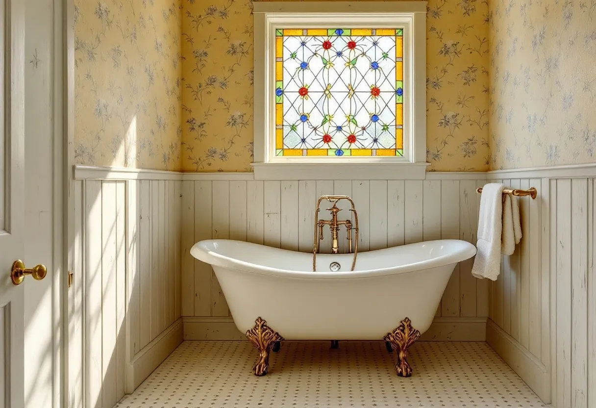 This antique bathroom exudes a timeless charm with its freestanding clawfoot bathtub prominently positioned beneath a luminous stained-glass window. The bathtub, with its elegant curves and intricately designed bronze feet, serves as a centerpiece, inviting relaxation and a touch of luxury. Above, the stained glass radiates vibrant colors, casting a beautiful mosaic of light across the room, enhancing the space with warmth and artistry.

The walls of the bathroom are adorned with delicate floral wallpaper in soft yellow hues, featuring subtle blue flowers that add a touch of vintage elegance. Below, white beadboard wainscoting provides a classic contrast and complements the historical aesthetic of the room. A simple towel rack holds a pristine white towel, adding a functional yet understated touch to the decor. The overall ambiance is one of tranquility and nostalgia, evoking a sense of classic refinement.