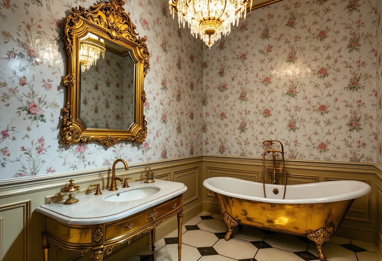 This antique bathroom exudes a regal elegance, featuring opulent gold accents that immediately draw the eye. The luxurious clawfoot bathtub is a statement piece, with its shimmering gold exterior that complements the intricate details of the feet. The room is lit by a dazzling crystal chandelier, adding a touch of glamour and illuminating the space with a warm, inviting glow. The paneled wainscoting on the walls, painted in a soft neutral tone, harmonizes beautifully with the floral wallpaper above, which features delicate pink and green patterns.

The ornate, gilded mirror above the sink is an embodiment of classic baroque style, with elaborate scrollwork and floral motifs that echo the delicate patterns of the wallpaper. Below it, the sink is set in a sleek, marble-topped vanity with matching gold fixtures, adding continuity to the luxurious theme. The bathroom’s color palette and textures create a harmonious blend of classic and lavish design elements, capturing both timeless charm and opulence in a way that feels both grand and inviting.