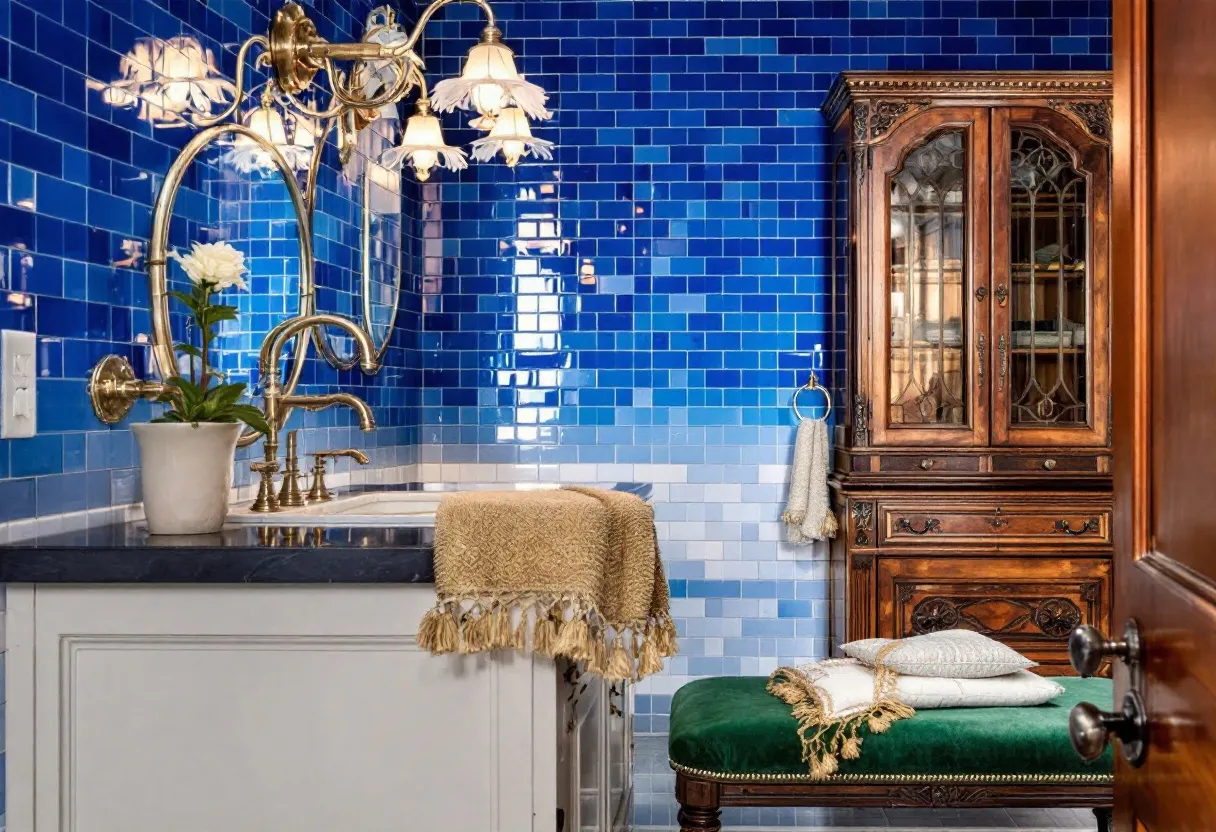 This antique bathroom embodies a rich and opulent aesthetic, blending classic elegance with vibrant colors. The walls are adorned with striking blue tiles, creating a gradient that ranges from deep cobalt to lighter shades. This color palette elicits a serene and luxurious atmosphere. The use of shiny, reflective tiles adds a contemporary touch while maintaining the room's vintage charm. At the center, an intricate, gold-finished faucet stands out, linking past elegance with sophisticated functionality. The ornate light fixtures above the mirror lend a soft, ambient glow, enhancing the room’s warm and inviting feel.

Complementing the vibrant hues of the tilework, a wooden cabinet showcases exquisite craftsmanship with its carved details and rich, dark finish. The cabinet serves not only as a functional storage solution but also as a piece of decor that reinforces the antique theme of the bathroom. Covered with plush textiles, the green velvet cushioned bench and fringed towels add layers of texture and comfort. A potted plant near the sink introduces a touch of nature, balancing the room’s opulence with a sense of freshness and vitality. Overall, this bathroom is a harmonious blend of color, texture, and traditional design elements, exuding timeless sophistication.