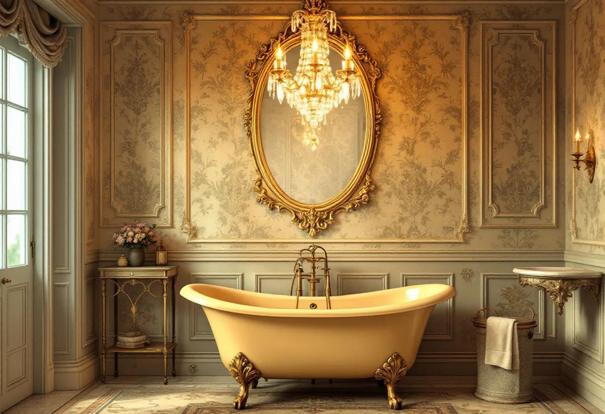 This antique bathroom exudes a sense of elegance and luxurious charm, reflecting a classic style reminiscent of a bygone era. The centerpiece of the room is a clawfoot bathtub, featuring ornate golden claw feet that add a touch of opulence. The tub's soft, cream color complements the warm, golden hues that run throughout the room. Above the tub hangs a large, oval mirror with an elaborately carved gold frame, which enhances the room's grandeur and reflects the sparkling crystal chandelier overhead.

The walls are adorned with intricate, floral patterned wallpaper, set within decorative wood paneling, which contributes to the room's sophisticated atmosphere. To the side, a small, antique table holds a vase of fresh flowers, adding a natural and graceful element to the space. On the opposite wall, a wall-mounted sink features a marble-like finish, supported by an elegant bracket with intricate detailing. The soft, ambient lighting from the chandelier and wall sconces creates a warm, inviting glow, completing the bathroom's antique and luxurious aesthetic.