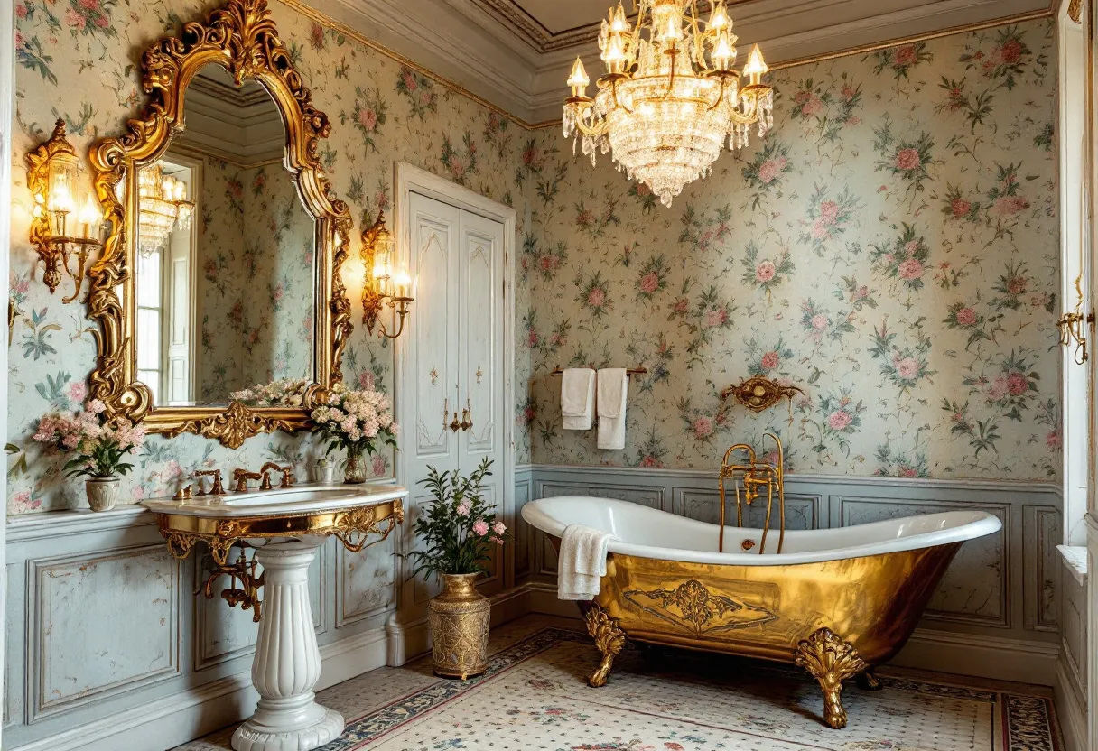 This antique bathroom exudes opulence and elegance, reminiscent of a bygone era. The centerpiece is a magnificent freestanding bathtub with a luxurious gold finish, accentuating the grandeur of the space. Paired with the exquisite gold fixtures, the bathtub becomes a statement piece, drawing the eye with its ornate detailing. The walls are adorned with floral wallpaper in soft pastel hues, creating a gentle, romantic atmosphere. Complementing the walls is a large, elaborately carved mirror with a gilded frame, adding to the room’s lavish feel.

The lighting in the bathroom is equally indulgent, featuring a sparkling chandelier that casts a warm glow across the room. Wall-mounted sconces flank the mirror, their golden accents harmonizing perfectly with the room's color palette. An elegant pedestal sink with gold embellishments enhances the vintage charm, while fresh flowers and greenery add a touch of natural beauty. The combination of these elements creates a cohesive and inviting ambiance, seamlessly blending luxury with classic design.