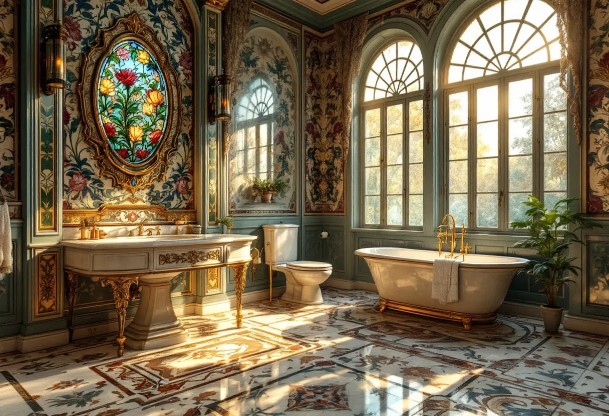 This antique bathroom exudes an air of opulence and historical charm, characterized by its ornate and intricate design elements. The richly decorated walls are adorned with vibrant floral patterns, effectively drawing the eye and adding a burst of color. An eye-catching stained-glass window, depicting a similarly vivid floral motif, is prominently featured, casting a warm and colorful light across the room. The light filters through gracefully arched windows, further enhancing the serene and inviting ambiance.

The luxurious bathtub, with its gleaming golden fixtures, stands as a centerpiece, promising relaxation and elegance. The intricately designed vanity, with its elegantly carved legs and elaborate embellishments, complements the theme of classic grandeur. A potted plant adds a touch of nature, integrating seamlessly within the plush and lavish setting. Overall, the bathroom reflects a refined style that blends artistic craftsmanship with sophisticated comfort.