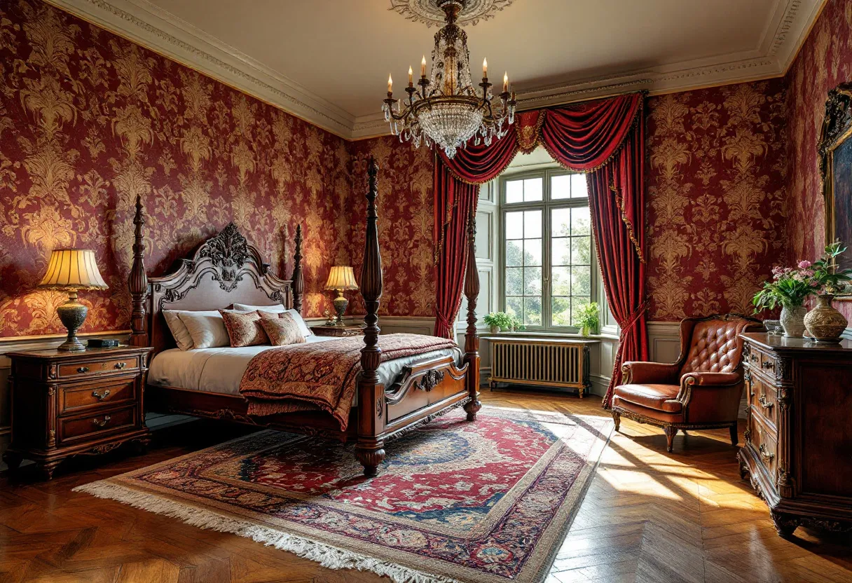 This antique bedroom exudes elegance and opulence, characterized by its rich red and gold color palette that dominates the room. The walls are adorned with ornate wallpaper featuring intricate patterns, creating a warm and inviting atmosphere. The centerpiece is a grand, four-poster bed with carved detailing on the headboard, dressed in luxurious bedding that complements the room's regal theme. Flanking the bed are matching wooden nightstands with elegant lamps, adding a touch of warmth and functionality.

The room is further enhanced by a stunning crystal chandelier hanging from the ceiling, casting a soft glow across the space. Large bay windows allow natural light to flood in, with heavy, red drapes adding to the grandeur while providing privacy. A plush leather armchair sits near the window, offering a cozy nook for relaxation. The hardwood floor is tastefully covered by an intricately designed area rug, tying the room together. Ornate furniture pieces and carefully placed decorative items complete the lush, sophisticated look of this antique bedroom.