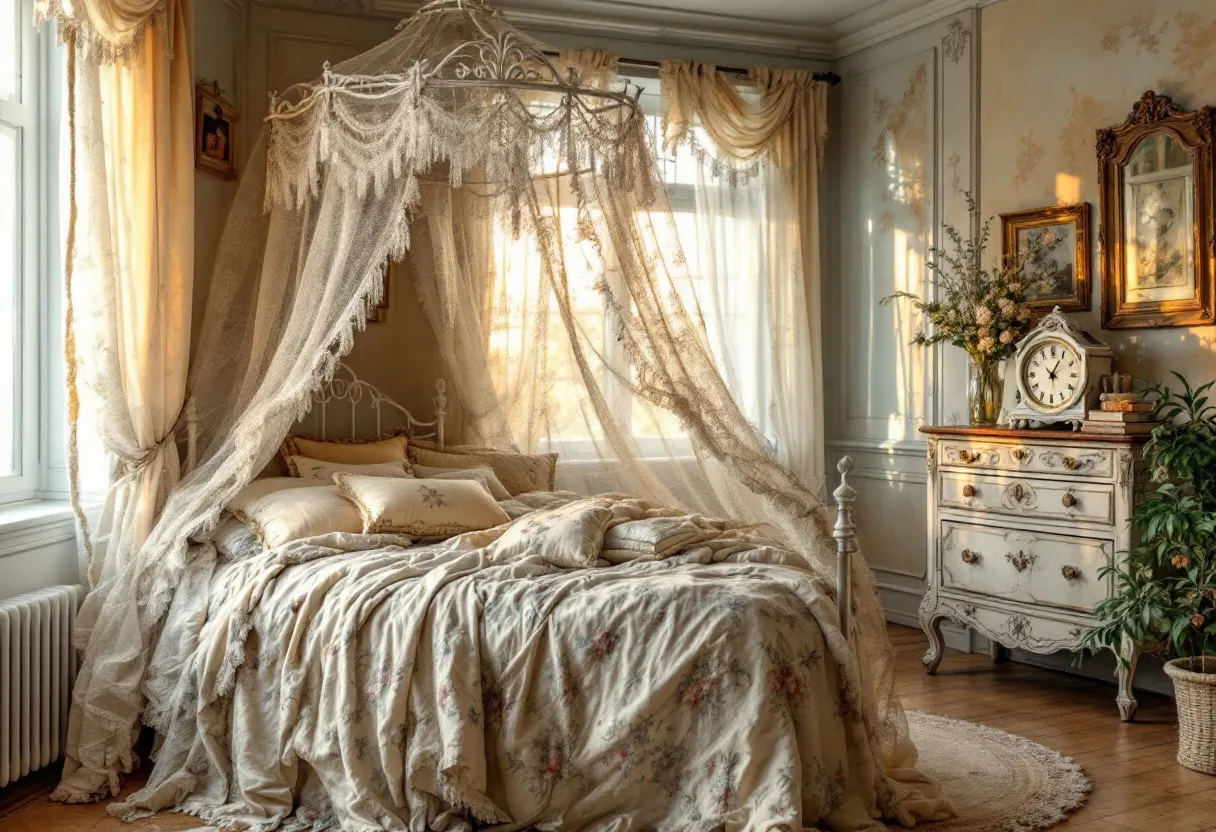 This antique bedroom exudes a sense of romantic elegance and timeless charm. The centerpiece is a lavish canopy bed adorned with delicate lace drapery, creating a dreamy and intimate atmosphere. The bedspread and pillows, patterned with soft floral designs, add a touch of vintage sophistication and comfort. Sunlight filters through the sheer, flowing curtains, casting a warm glow that enhances the room's serene ambiance.

The room's classic details are further accentuated by the ornate dresser featuring intricate carvings and a distressed white finish. Atop the dresser sits an elegant clock with a vintage aesthetic, complemented by a vase brimming with fresh flowers. Above, a gilded mirror and framed artwork add to the room's antique allure. The harmonious blend of textures, colors, and decorative elements creates a cohesive and inviting environment, perfect for relaxation and reflection.