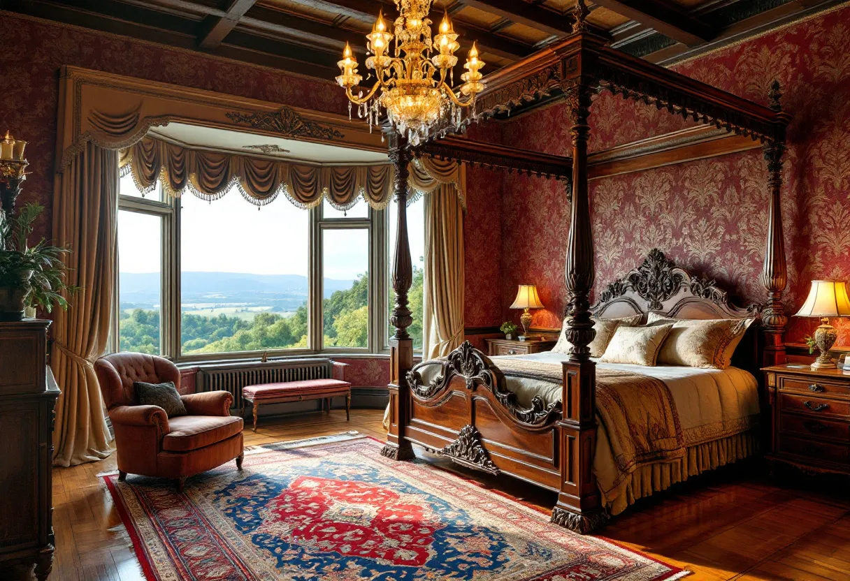 This antique bedroom exudes an opulent and grandiose style, rich with ornate details and luxurious furnishings. The centerpiece is a majestic four-poster bed, intricately carved from dark wood, complemented by an array of sumptuous bedding in warm, rich tones. The room is adorned with lavish wallpaper, featuring an elegant, timeless damask pattern that enhances its regal aura. A stunning chandelier, dripping with crystals, hangs from the ceiling, casting a warm, inviting glow that accentuates the room's classic elegance.

The expansive window offers a breathtaking view of the serene landscape, bringing a touch of nature into the opulent space. Heavy drapes frame the window, adding to the room's overall grandeur and providing a cozy, secluded feel. A plush armchair sits invitingly in the corner, creating a perfect nook for relaxation. The rich, polished wood flooring is partially covered by an exquisite Persian rug, whose vibrant colors tie the room together. This bedroom is a harmonious blend of elegance and comfort, embodying the charm and sophistication of a bygone era.