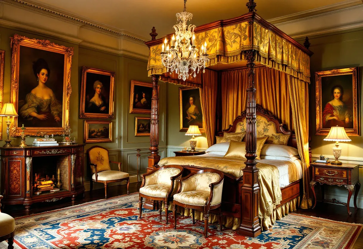 This antique bedroom exudes opulence and grandeur, featuring a richly decorated canopy bed that serves as the centerpiece of the room. The bed is adorned with luxurious gold drapery and elegant, intricately carved wooden posts. A splendid crystal chandelier hangs overhead, illuminating the space with a warm and inviting glow. The walls are adorned with numerous classic portraits in ornate golden frames, adding a touch of historical elegance and sophistication to the room. The furniture, with its refined upholstery and exquisite detailing, complements the overall aesthetic perfectly.

The room also boasts a beautifully crafted fireplace, adding warmth and harmony to the surroundings. An intricately patterned area rug with vibrant colors covers the hardwood floor, providing an additional layer of comfort and style. Elegant side tables with classic lamps flank the bed, enhancing the room's intimate and cozy ambiance. This magnificent space showcases a masterful blend of artistry and luxury, capturing the timeless beauty of classic interior design.