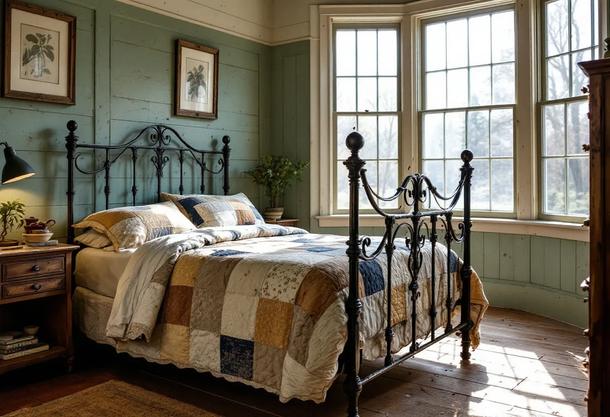 This antique bedroom exudes a charming rustic elegance, characterized by its aged wooden flooring and muted color palette. The room features an intricate wrought-iron bed frame, which serves as a stunning centerpiece, drawing attention with its ornate detailing. The bed is adorned with a patchwork quilt, showcasing a harmonious blend of earthy tones and deep blues, contributing to the cozy yet sophisticated atmosphere. Flanking the right side of the bed, the large, multi-paned windows invite an abundance of natural light, enhancing the room's warm and inviting feel.

Complementing the room's timeless appeal, the walls are paneled and painted in a subdued sage green, adding to the serene ambiance. On either side of the window, framed botanical prints hang gracefully, offering a touch of vintage charm. Adjacent to the bed is a wooden nightstand topped with a classic lamp, potted plant, and a few small decorative items, which underscore the room's blend of functionality and style. This antique bedroom captures a perfect balance between simplicity and elegance, evoking a sense of nostalgia and comfort.