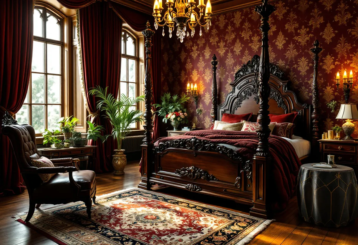 This antique bedroom exudes an air of opulence and classic elegance. The centerpiece is the intricately carved four-poster bed, showcasing an exquisite design that reflects a bygone era of craftsmanship. The rich, dark wood of the bed harmonizes beautifully with the deep red damask wallpaper, creating a warm and inviting atmosphere. Complementing the bed are plush pillows and a luxurious bedspread, adding to the room’s luxurious ambiance.

The room is further enhanced by the large, elegantly draped windows, which allow natural light to flood in, highlighting the polished wooden floor and the finely woven oriental rug. A stately chandelier hangs from the ceiling, casting a soft glow across the room and accentuating the antique furniture, including an upholstered chair and an ornate side table. Lush indoor plants in decorative pots add a touch of greenery, balancing the room's rich colors and textures.