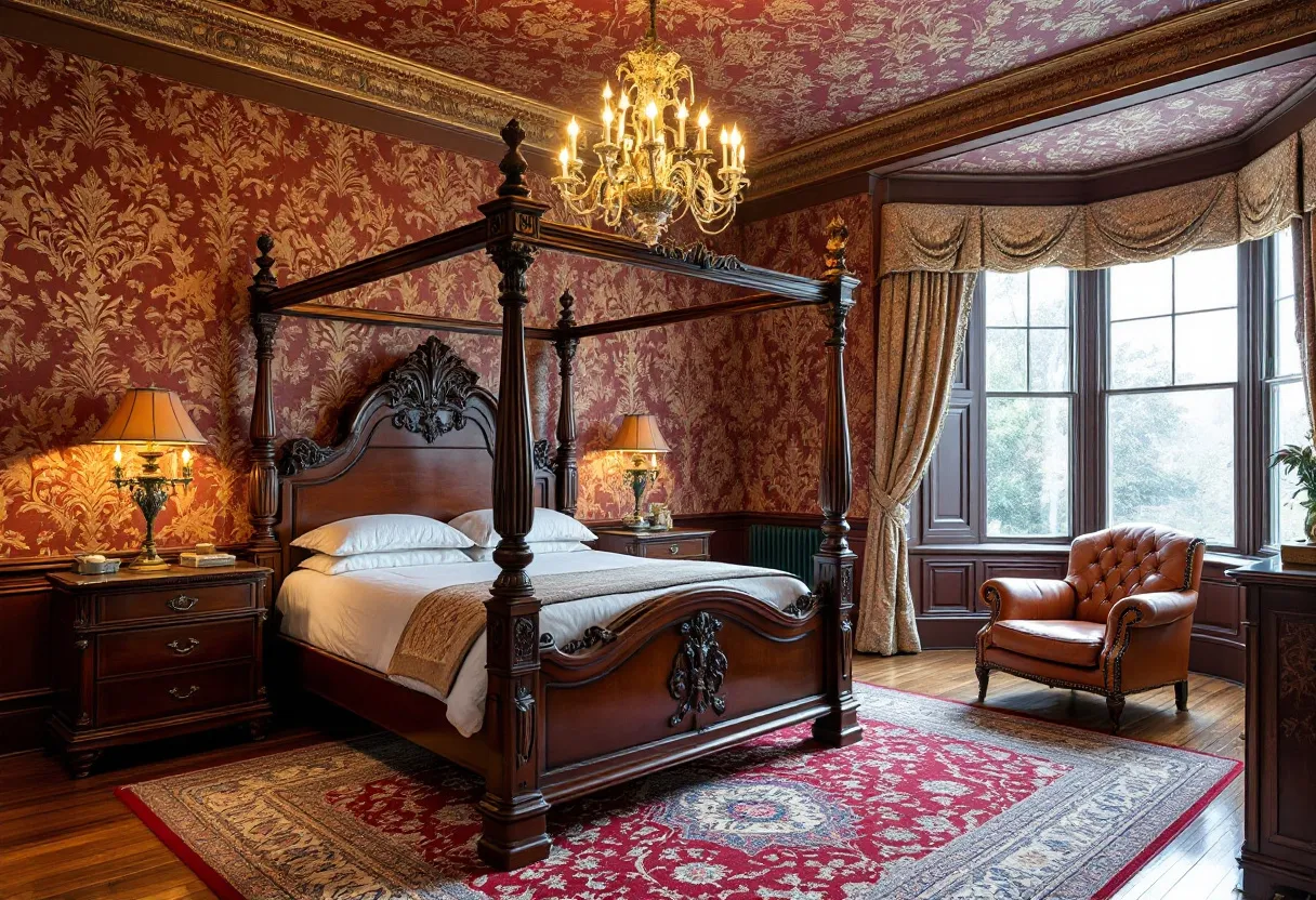 This antique bedroom exudes a sense of opulence and timeless elegance with its richly detailed decor and classic furnishings. The focal point is the grand four-poster bed, intricately carved and made of dark polished wood, which stands prominently against the patterned wallpaper that surrounds the room with deep red and gold tones. A luxurious chandelier hangs from the ornately detailed ceiling, casting a soft, ambient glow that complements the table lamps on the matching wooden nightstands. The rich tapestry of patterns on the wallpaper adds depth and an aristocratic feel to the space, enhancing its inviting yet regal ambiance.

Complementing the stately bed is a plush, leather armchair placed near the large bay window, which is dressed with heavy drapes in a warm golden hue, allowing natural light to gently filter into the room. The hardwood floors support a large, sumptuous red and blue patterned rug that ties the room’s color palette together while adding warmth underfoot. This sophisticated ensemble of fabrics, textures, and woodwork harmonizes perfectly, making the antique bedroom an exquisite retreat that echoes a bygone era of luxurious living.