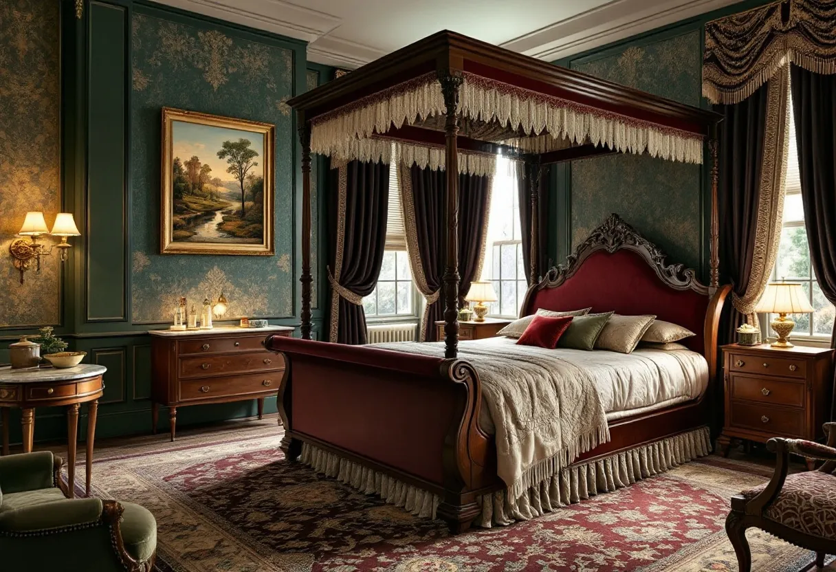 This antique bedroom exudes an air of timeless elegance and sophistication. The centerpiece is a grand four-poster bed, draped with lush, fringed fabric that adds a touch of opulence. The rich wood tones of the bed frame complement the warm colors in the ornate area rug beneath it. Luxurious textiles, including plush pillows and a finely detailed bedspread, contribute to an inviting atmosphere, inviting warmth and comfort.

The walls are adorned with intricate wallpaper in shades of green and gold, creating a harmonious backdrop for the room’s decor. A framed landscape painting hangs prominently, adding an element of classic artistry. The room features vintage wooden furniture, including a chest of drawers and a small side table, both of which perfectly match the room’s antique theme. Elegant lamps on the bedside tables, along with a pair of matching wall sconces, provide a soft, ambient glow, enhancing the room’s cozy and refined ambiance.