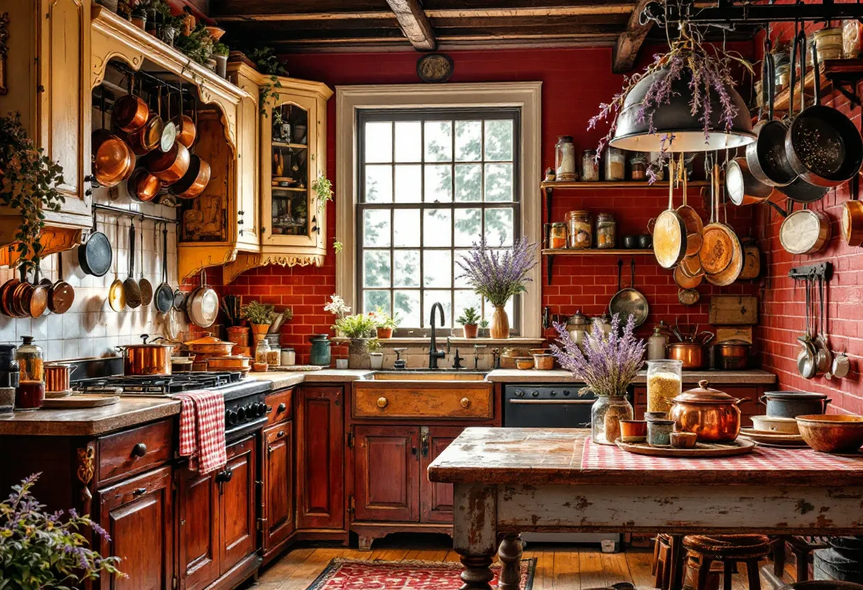 This antique kitchen exudes a warm, rustic charm with its rich, deep red brick walls serving as a backdrop to an array of copper pots and pans hanging from wooden beams. The cabinetry, made from dark, polished wood, adds to the classic aesthetic, featuring ornate details that speak of skilled craftsmanship. An assortment of jars on the shelves showcases various spices and ingredients, giving the kitchen a lived-in, practical appeal. The large central window allows soft natural light to illuminate the space, highlighting the beautiful details of the vintage decor.

Centered in this inviting space is a sturdy wooden table, slightly weathered yet sturdy, draped with a classic red and white checkered cloth, which adds a touch of coziness. Potted plants and lavender bouquets are placed strategically around the room, introducing elements of nature and a subtle fragrance. The overall ambiance is one of warmth and tradition, evoking a sense of history and homeliness that makes the kitchen the heart of the home.