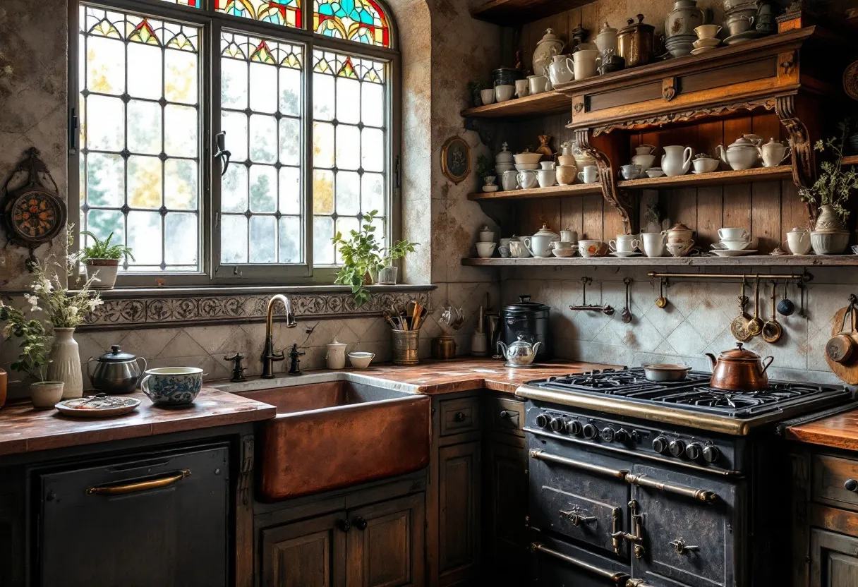 This antique kitchen exudes a warm and nostalgic charm, characterized by its rustic wooden cabinetry and classic fixtures. The centerpiece is a large farmhouse sink set against a beautifully detailed countertop that marries both function and vintage aesthetics. The stained-glass window above filters in natural light, creating colorful reflections that dance across the surfaces. The mix of materials, from the ornate wrought iron stove to the copper accents, evokes a sense of timeless elegance and craftsmanship.

The open shelving displays an array of charming porcelain dishes and teapots, adding to the kitchen's inviting and lived-in feel. The walls are adorned with subtle floral patterns, harmonizing with the natural elements like potted plants that bring a touch of the outdoors inside. The overall ambiance is one of warmth and hospitality—an inviting space that blends functionality with a touch of elegance, perfect for creating culinary delights or simply enjoying a quiet cup of tea.