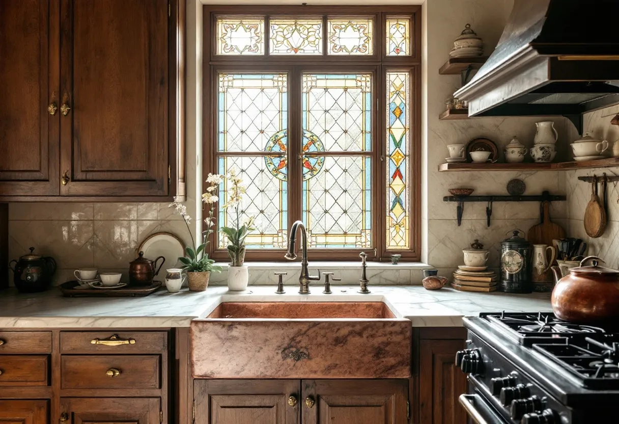 This antique kitchen exudes a warm, classic charm with its beautifully crafted wooden cabinetry and richly colored copper sink. The cabinets, with their natural wood grain and vintage brass handles, add a rustic elegance to the space. The countertop features a smooth, marble-like texture, providing a subtle contrast to the wooden elements. Positioned centrally, the sink is a standout feature, its burnished copper tone offering a touch of sophistication and flair. 

The window above the sink is adorned with intricate stained glass, bringing in a wash of colorful light that enhances the kitchen’s inviting ambiance. This artistic element serves not only as a focal point but also reflects the careful attention to detail throughout the space. Open shelves are neatly stocked with ceramic dishware and vintage kitchen items, contributing to the room’s nostalgic feel while remaining functional and stylish. Overall, this antique kitchen embodies a harmonious marriage of practicality and timeless beauty.