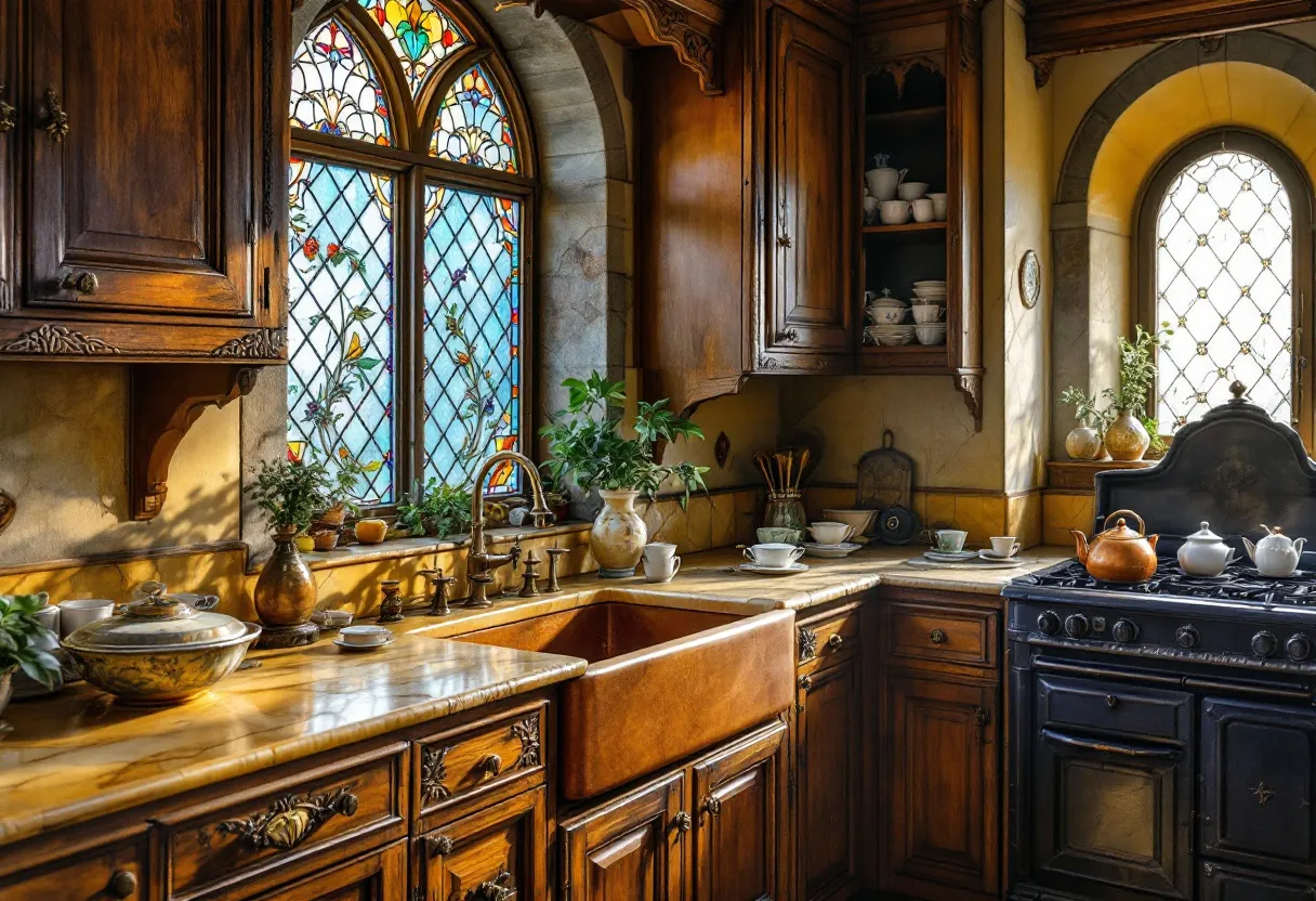 This antique kitchen exudes a warm and rustic charm, characterized by its rich wooden cabinetry and elegant design elements. The ornate, stained-glass windows are a standout feature, casting colorful patterns of light into the space and enhancing the kitchen's inviting atmosphere. The cabinets and shelves are filled with vintage crockery, adding to the timeless feel of the kitchen. A luxuriant marble countertop complements the traditional aesthetic, providing a sense of continuity and harmony.

The deep, farmhouse-style sink with its copper finish is both functional and decorative, offering a nostalgic nod to the past. Brass fixtures add a touch of elegance, highlighting the attention to detail throughout the space. Potted plants and ceramic vases are thoughtfully placed, bringing a touch of nature indoors, while the traditional stove adds to the kitchen's classic appeal. This antique kitchen beautifully combines practicality with a sense of history, creating an inviting and sophisticated environment.