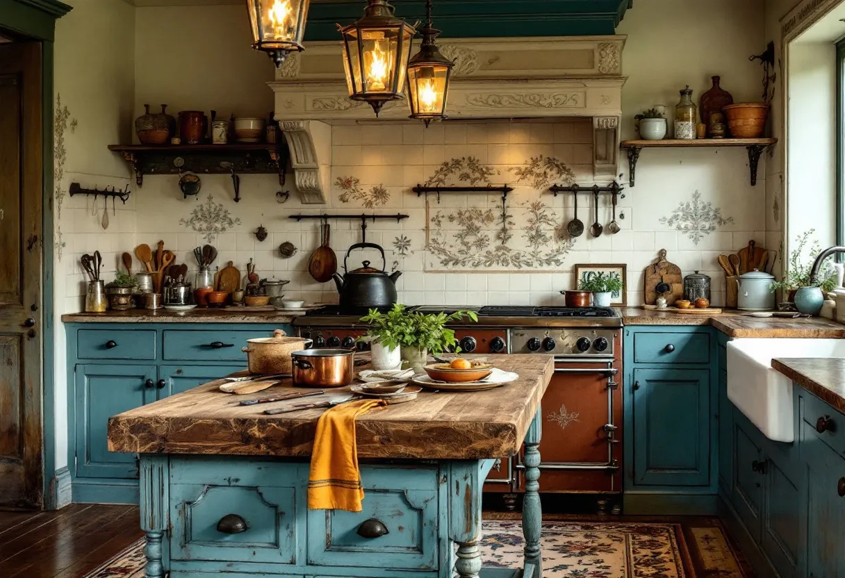 This antique kitchen exudes a rustic charm with its rich wooden countertops and cabinetry, painted in a soft, aged teal. The room is centered around a sturdy, weathered wooden island that invites warmth and functionality. The shelves are open, displaying an array of copper pots, ceramic jars, and earthenware that lend a touch of nostalgia and history to the space. Ornate metal handles and knobs add a subtle elegance, while the soft glow of traditional pendant lights overhead enhances the vintage atmosphere, casting a warm ambiance throughout the room.

The stove area is a focal point, framed by an intricately carved wooden hood with floral motifs that complement the elegant patterns on the tiled backsplash. This decorative touch ties the room together, harmonizing with the other natural elements present. Metal utensils hang conveniently above the range, adding practicality to the aesthetic. A farmhouse sink sits beneath a large window, allowing natural light to flood the space and illuminate the plants and herbs adorning the countertop, which inject a sense of life into the antique surroundings.