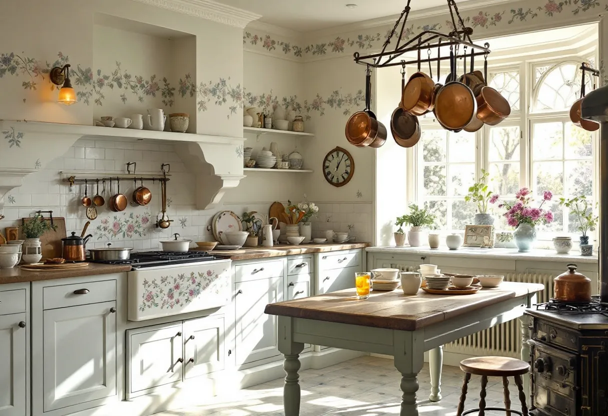 This antique kitchen exudes a charming, rustic elegance with its soft color palette and classic design elements. The cabinetry, painted in a gentle cream shade, complements the thoughtfully arranged copper pots suspended on a vintage-style pot rack, creating a warm and inviting atmosphere. The walls feature delicate floral motifs that add a touch of romanticism, while the large window floods the space with natural light, enhancing the cozy, lived-in feel. The wooden countertops and the sturdy wooden table reflect craftsmanship and durability, essential attributes in a timeless kitchen setting.

The centerpiece of this kitchen is undoubtedly the large, traditional range, framed beneath a decorative mantel-type hood. Adorning the shelves are an assortment of ceramic and earthenware vessels that hint at the kitchen’s utilitarian nature, yet contribute to its aesthetic charm. A classic clock on the wall offers a nod to nostalgia, while the array of potted plants and fresh flowers on the windowsill invigorates the space with color and life. This kitchen, with its balance of functionality and style, invites the pleasures of cooking and communal gatherings in an intimately historic setting.