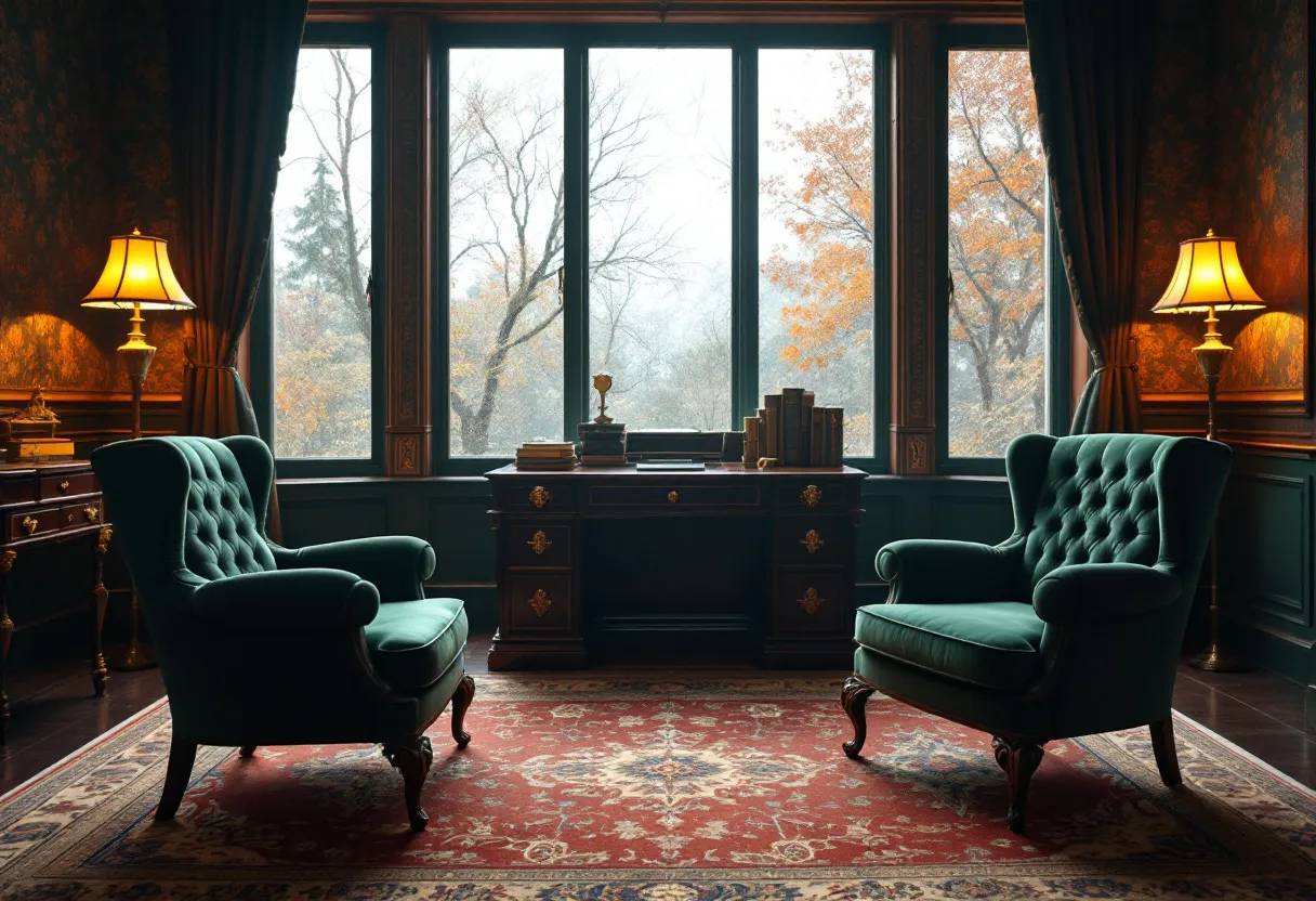 This antique office radiates a timeless elegance, capturing the essence of a bygone era. The furniture is richly crafted, featuring deep green upholstered armchairs that invite relaxation and reflection. The sturdy desk, positioned prominently before a large window, is adorned with intricately carved details and brass handles, embodying a sense of authority and tradition. A selection of leather-bound books rests upon it, suggesting a space of intellectual pursuit and thoughtful study.

The room is warmly illuminated by the soft glow of vintage lamps, their warm shades casting a gentle light that accentuates the rich textures and dark tones of the wood-paneled walls and furniture. A richly patterned rug adds warmth and sophistication to the floor, its design echoing the classic aesthetic of the space. Through the large window, a serene view of autumnal trees can be seen, offering a tranquil connection to nature and completing the room’s atmosphere of contemplative serenity.