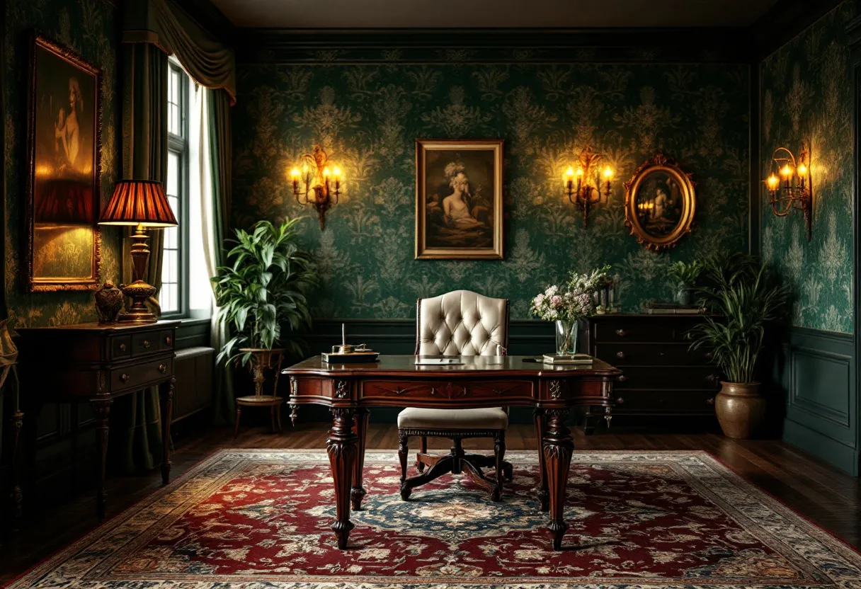 This antique office exudes a sense of timeless elegance, characterized by rich wooden furniture and intricate design elements. At the center stands a grand wooden desk, its polished surface catching the ambient light, while a tufted leather chair adds a touch of luxury. The desk's carved legs and detailed craftsmanship reflect a sophisticated, classical style. The deep green wallpaper, adorned with ornate patterns, complements the opulence of the room, enhancing its vintage charm.

Warm lighting emanates from the elegant wall sconces and table lamp, creating a cozy and inviting atmosphere. Luxurious drapes frame the large window, through which natural light subtly filters, highlighting the deep hues of a traditional red and gold area rug. The room is tastefully decorated with framed portraits and strategically placed potted plants that add a touch of freshness, blending nature with the room's refined aesthetic. Overall, the office conveys a sense of history and grandeur, offering an inviting space for contemplation and work.