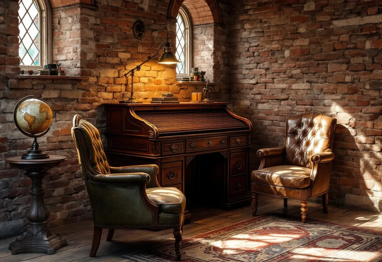 This antique office exudes a sense of classic elegance and timeless charm, characterized by its rich brick walls and warm, inviting lighting. The focal point is a stately roll-top desk, its polished wood surface gleaming under the soft glow of a vintage desk lamp. The desk’s intricate design features numerous drawers, hinting at a bygone era where craftsmanship was paramount. Surrounding the desk are well-worn, leather-upholstered chairs, inviting visitors to sit and engage in thoughtful conversation or contemplative work. The leather’s deep, earthy tones complement the brick walls, creating a harmonious blend of textures and colors.

The room is further adorned with a globe perched on an ornate stand, speaking to a world of exploration and intellectual curiosity. The globe, alongside the desk, suggests an environment appreciated by a scholar or a well-traveled individual. Natural light streams through the arched windows, casting a gentle glow that enhances the comfort of this intimate space. The combination of antique furniture, rustic walls, and carefully curated decor elements creates a serene atmosphere, transporting anyone who enters to a place where history and refinement gracefully converge.