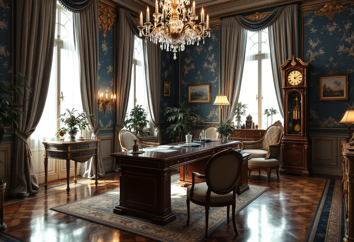 This antique office exudes elegance and sophistication, reflecting a rich historical charm. The room is adorned with luxurious blue wallpaper featuring gold accents, which complements the ornate detailing seen in the gilded frames of the artwork lining the walls. A magnificent chandelier hangs from the ceiling, casting a warm glow over the polished wooden floor and adding a regal ambiance. The tall, arched windows are dressed with lavish curtains that allow soft daylight to filter through, enhancing the opulent yet inviting atmosphere.

The centerpiece of the room is a grand wooden desk, surrounded by elegantly upholstered chairs that suggest comfort and style. A stately grandfather clock stands proudly in the corner, its intricate design echoing the classic motif of the space. Potted plants scattered throughout the room add a touch of greenery, bringing a sense of freshness and life to the otherwise richly adorned setting. Together, these elements create a timeless environment, inviting both productivity and contemplation in a setting that speaks of tradition and taste.