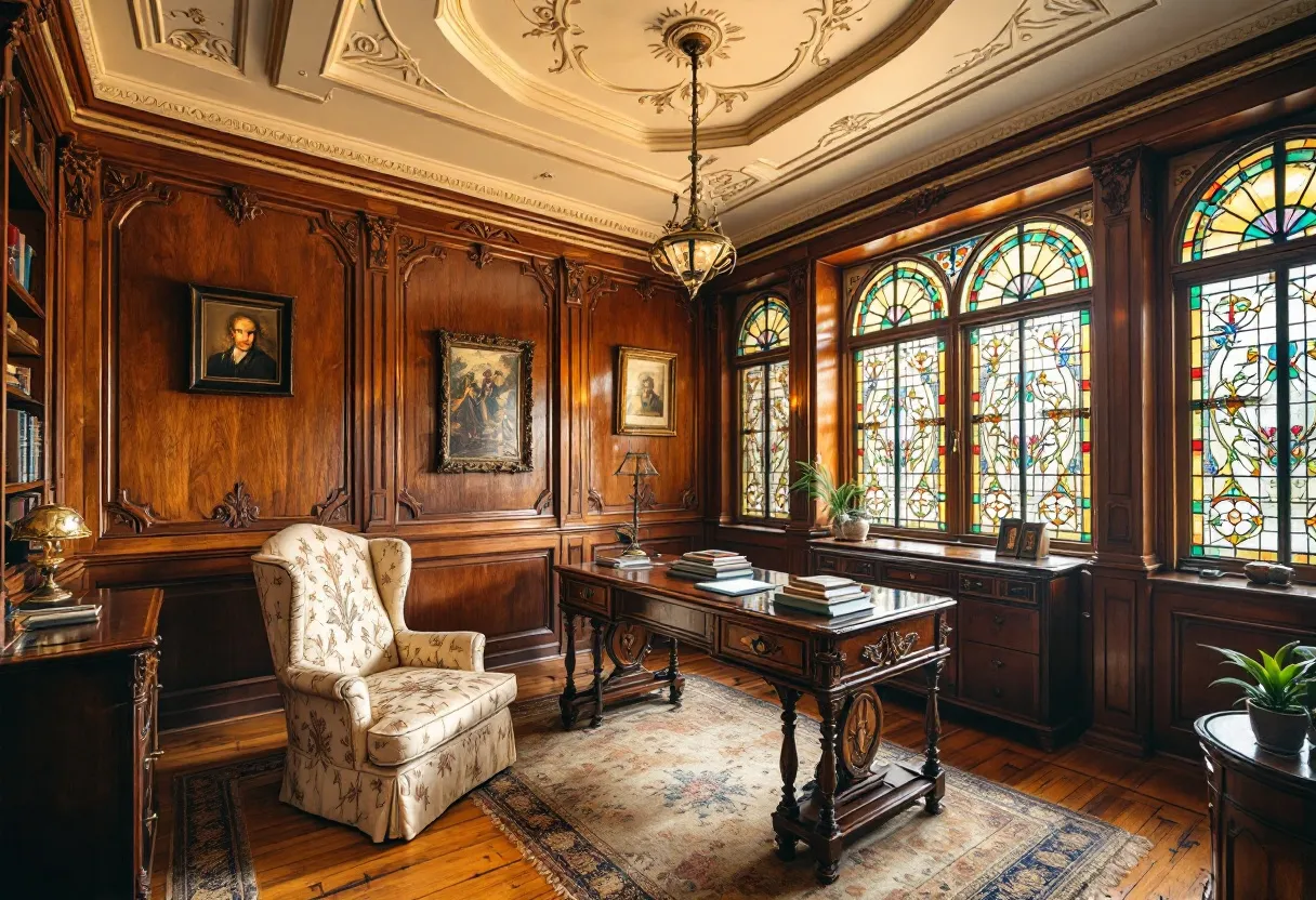 This antique office exudes an atmosphere of classic elegance and timeless sophistication. The intricately carved wooden panels on the walls, rich in warm tones, create a sense of luxury and tradition. The ceiling, adorned with ornate moldings and a central chandelier, adds a touch of grandeur, enhancing the old-world charm of the space. The furniture, including a stately wooden desk and a plush armchair with floral upholstery, emphasizes the room's vintage aesthetic, suggesting an era where craftsmanship and detail were paramount.

The room is illuminated by beautiful stained glass windows, which allow colorful light to filter through, adding vibrancy and an artistic element to the office. These windows serve as both a focal point and a practical feature, bathing the room in natural light while maintaining a sense of privacy and seclusion. Decorative elements like framed portraits and antique lamps further contribute to the room's historical ambiance, making it a perfect setting for focused study or introspective work. The tasteful arrangement of plants and books provides an additional layer of warmth and personality, rounding out the inviting and scholarly atmosphere of this classic study.