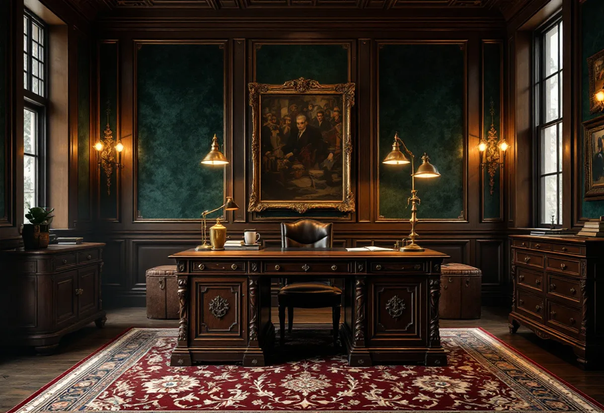 This antique office exudes an atmosphere of timeless sophistication and elegance. The room is adorned with rich, dark wood paneling that embodies classic craftsmanship, enhancing the overall sense of refinement. A large, ornately carved desk takes center stage, featuring intricate detailing that speaks to its historical significance. The desk is flanked by two elegant brass lamps and complemented by a plush leather chair, which adds comfort to the luxurious setting. The intricate patterns of a red and white oriental rug grace the wooden floor, tying the various design elements together harmoniously.

Framed by the dark paneling, a large, gilded painting hangs prominently, serving as a focal point that draws the eye and enriches the room's aesthetic. The walls are adorned with similarly ornate sconces, casting a warm, inviting glow across the space. Large windows allow natural light to pour in, subtly illuminating the ornate decor and enhancing the ambiance. This office embodies a blend of historical charm and functional elegance, making it an inspiring place for contemplation and work.