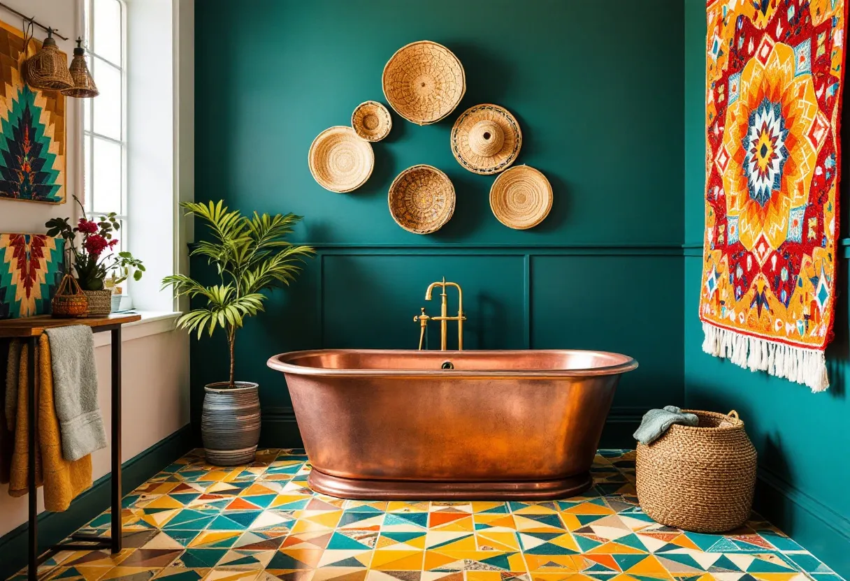 This bohemian bathroom exudes a vibrant and eclectic charm. The central feature is a striking copper bathtub, providing a bold contrast against the rich teal walls. Adorned with woven baskets of various sizes and patterns, the wall art adds texture and a touch of artisanal appeal. A colorful geometric floor pattern enhances the lively atmosphere, while a large, woven basket serves as a practical yet stylish storage option.

This bohemian bathroom incorporates a variety of natural elements, such as a potted plant that introduces a fresh splash of greenery. The adjacent window allows natural light to stream in, highlighting the rich hues and intricate patterns. A wooden table holds a mix of decorative items, adding warmth and a sense of personal style. A bright tapestry with vivid colors and intricate designs adds a final flourish, tying the space together with its bohemian aesthetic.