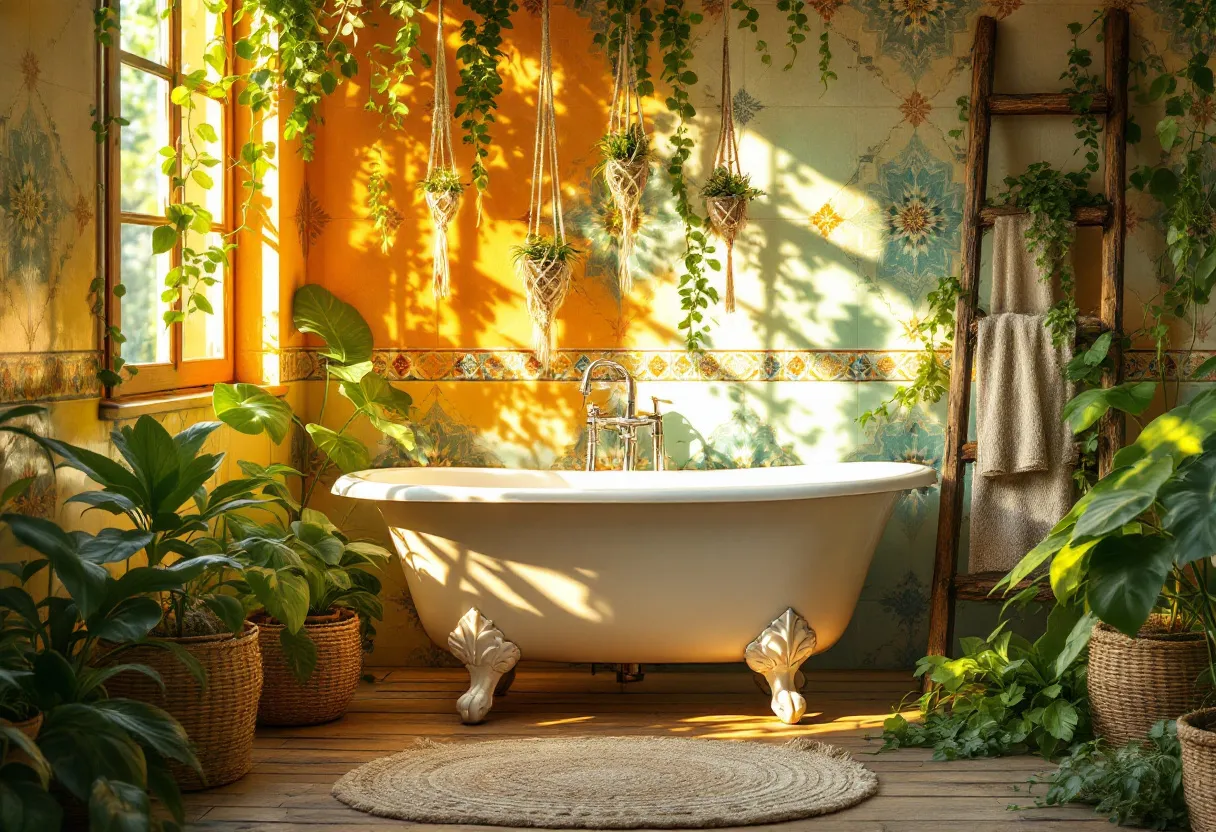 This bohemian bathroom exudes a serene, earthy ambiance, characterized by the lush greenery that envelops the space. The sunlight filters through the window, casting dappled shadows on the vibrant, intricately patterned tiles that line the walls. Hanging plants drape gracefully from the ceiling, their tendrils adding an organic touch that blends seamlessly with the rustic wooden elements of the room. The space evokes a feeling of being embraced by nature, with the combination of natural light and abundant plant life creating a tranquil oasis.

At the center of this bohemian haven is a classic clawfoot bathtub, which adds a touch of elegance with its ornate feet and pristine white finish. The bathtub sits atop a warm wooden floor, enhancing the room's natural charm. Nearby, a wooden ladder serves as a towel rack, adding to the eclectic, rustic aesthetic. The woven rug on the floor complements the earthy tones and textures, tying together the overall cozy and inviting atmosphere. Each element of the bathroom intertwines to create a harmonious retreat, perfect for relaxation and rejuvenation.