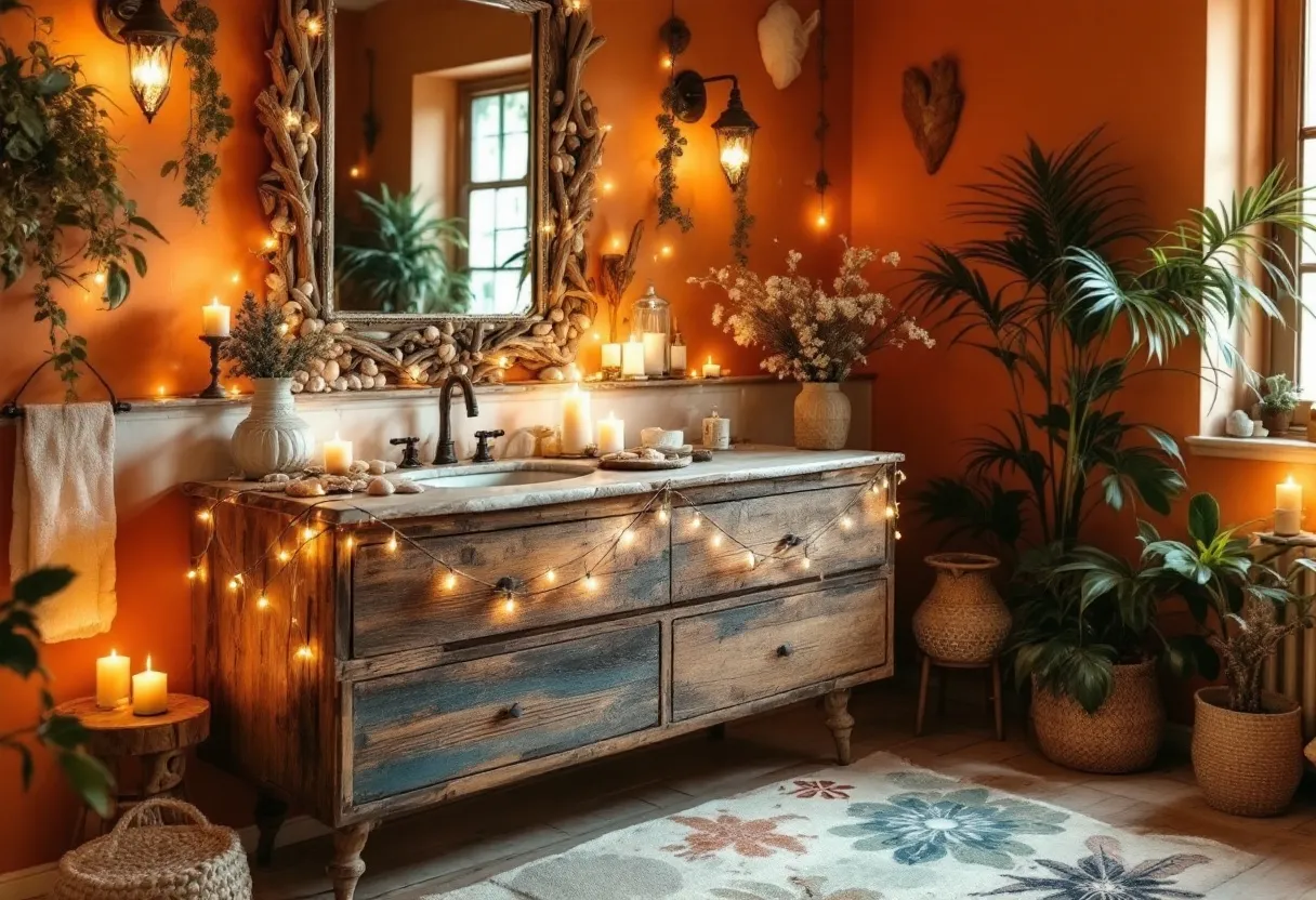 This bohemian bathroom exudes warmth and coziness with its rich, earthy tones and eclectic decor. The walls, painted in a warm terracotta hue, set a vibrant yet calming backdrop that complements the rustic wooden vanity. The vanity itself, with its weathered texture, adds an element of natural charm and authenticity. A large, ornate mirror hangs above, its frame embellished with organic shapes that evoke a sense of nature’s artistry. Surrounding the mirror are string lights and candles, casting a soft, ambient glow that enhances the serene atmosphere.

The space is further adorned with lush greenery, as potted plants are thoughtfully arranged around the room, bringing in elements of the outdoors. These plants not only add a touch of freshness but also enhance the bohemian aesthetic with their varied textures and heights. A woven rug with floral patterns softens the wooden floor and ties in with the natural theme, adding a cozy, lived-in feel. The subtle interplay of light, texture, and natural elements creates a harmonious and inviting retreat, emphasizing the bohemian ethos of embracing beauty in diversity and nature.