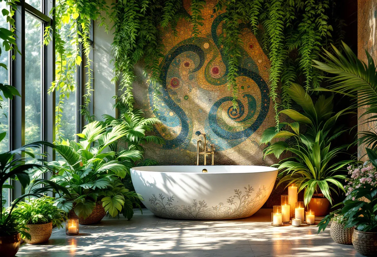 This bohemian bathroom is a lush, tranquil oasis that combines natural elements with artistic flair. A prominent feature is the large, intricately designed mosaic adorning the wall behind the serene, white bathtub. The mosaic displays swirling patterns in hues of blue, green, and gold, adding a dynamic and colorful focal point that draws the eye. Surrounding the bathtub are abundant, verdant plants in various shades of green, creating a tropical ambiance that harmonizes beautifully with the mosaic’s colors.

Natural light floods the space through expansive floor-to-ceiling windows, enhancing the vibrant greenery and bringing an airy, open feel to the room. The warm glow of numerous candles placed strategically around the tub adds to the calming atmosphere, perfect for relaxation. The combination of natural elements and artistic details captures the essence of bohemian style, making this bathroom a perfect retreat filled with peace and beauty.