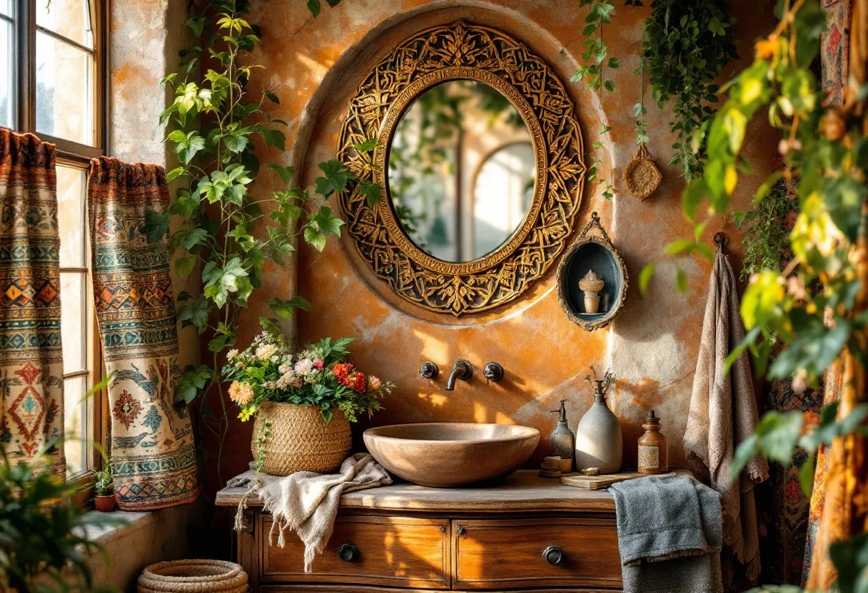 This bohemian bathroom exudes a warm and inviting atmosphere, characterized by its earthy tones and eclectic decor. The vibrant walls, painted in rich shades of orange, create an energetic backdrop that pairs perfectly with the abundant greenery cascading from above. These lush plants not only add a touch of nature but also enhance the overall organic vibe of the space. A large, intricately designed mirror serves as a focal point, reflecting light and adding depth, while its ornate frame adds a hint of vintage charm. 

In keeping with the bohemian theme, the bathroom is adorned with textiles that display intricate patterns and a colorful palette. The rustic wooden elements, like the cabinet and shelves, complement the theme beautifully, lending a sense of warmth and coziness. The countertop features a simple, elegant washbasin and is accessorized with a variety of bottles and vases, adding to the room’s eclectic feel. This bohemian sanctuary strikes a harmonious balance between natural elements and artistic decor, creating a unique and soothing environment.