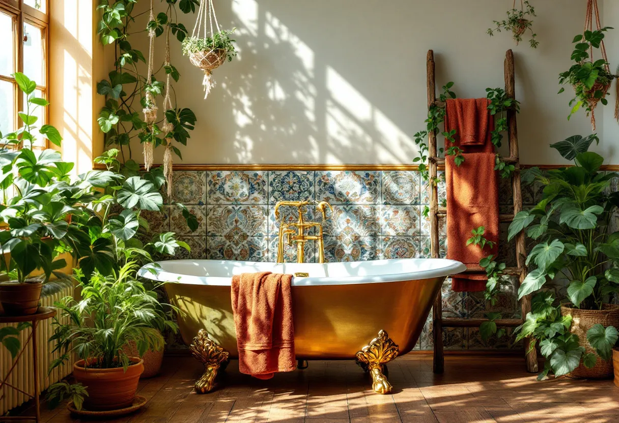 This bohemian bathroom exudes a harmonious blend of eclectic style and natural elements, creating an inviting and tranquil space. The focal point is a luxurious freestanding bathtub with ornate gold feet, providing a touch of elegance and vintage charm. The tub is complemented by rich, terracotta-colored towels that add warmth and a pop of color against the soothing, earthy tones of the room. The wall behind the tub features intricate, colorful tiles that introduce an element of artistic flair and sophistication, enhancing the bohemian aesthetic with their detailed patterns and vibrant hues.

The space is abundantly adorned with lush greenery, featuring an array of potted plants and hanging vines that contribute to the serene, organic ambiance. Sunlight filters through the window, casting soft shadows that play across the room, highlighting the vivid green of the plants and the intricate textures of the tiles. The natural wooden ladder offers a rustic touch and additional space for hanging towels, seamlessly integrating functionality with style. Overall, this bohemian bathroom is a sanctuary that perfectly balances boho-chic design with an infusion of nature’s tranquility.