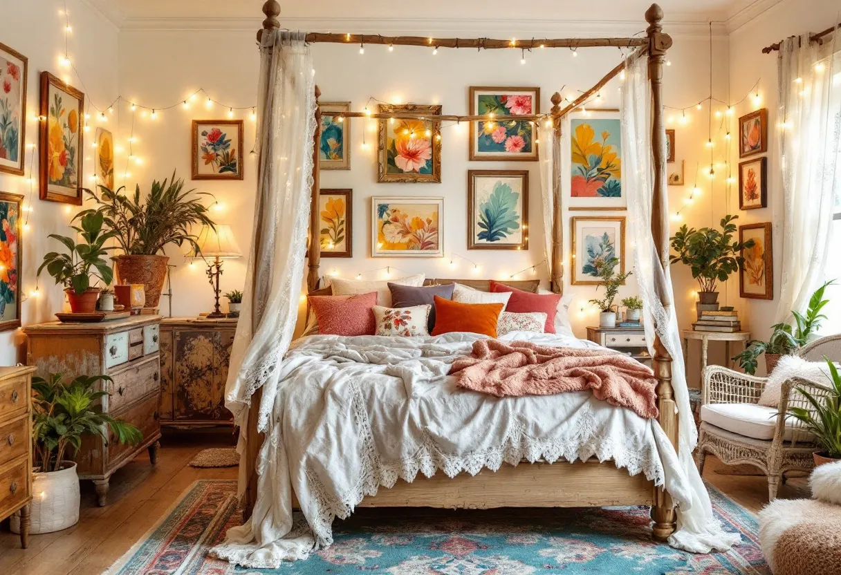 This bohemian bedroom radiates warmth and creativity, blending an eclectic mix of textures and colors. The focal point is a cozy, four-poster bed draped with sheer, flowing fabric, surrounded by assorted, brightly colored pillows and a soft, inviting throw blanket. The bed's intricate lace bedding adds a layer of vintage charm, harmonizing with the vibrant energy of the space. The use of plants throughout the room injects a touch of nature, creating a serene, organic atmosphere.

The walls are adorned with an array of framed floral artwork, adding a splash of color and artistic flair that complements the overall bohemian aesthetic. Twinkling string lights encircle the art and bed, contributing to a magical, inviting ambiance. The furniture, a mix of rustic wooden pieces and a cozy wicker chair, enhances the room's relaxed, eclectic vibe. With its combination of patterns, textures, and natural elements, this bohemian bedroom is a perfect retreat for relaxation and inspiration.