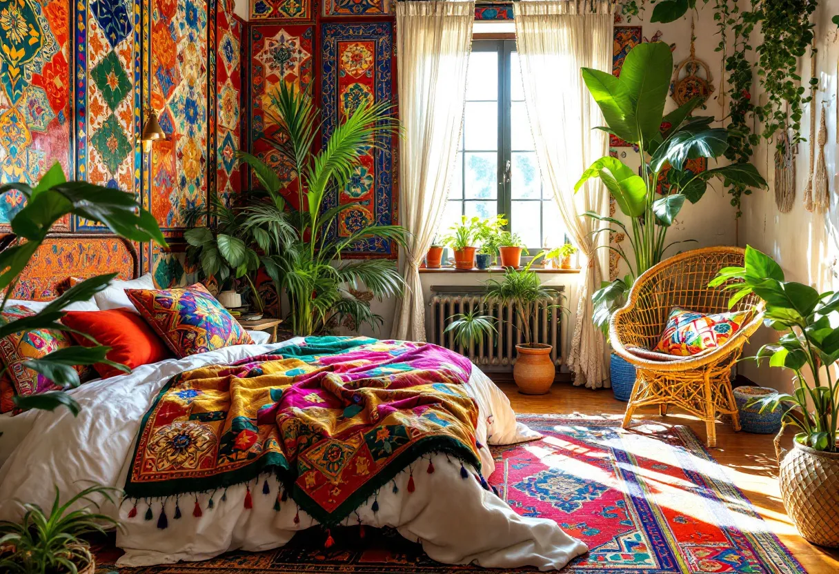 This bohemian bedroom exudes an eclectic and vibrant energy with its colorful tapestry-like wall designs that act as a dramatic focal point. The room is adorned with rich textures and patterns, including an array of brightly colored throw pillows and a vivid, multi-patterned blanket that covers the bed. The vibrant colors blend harmoniously, creating an artsy and warm atmosphere. A wicker chair with a vibrant cushion adds to the eclectic feel, while the woven textures enhance the room's bohemian charm.

Natural elements are showcased with an abundance of lush green plants thriving in the sunlight streaming through the window. These plants contribute to a sense of tranquility and connection to nature. Terracotta pots and hanging plants add depth and visual interest, complementing the room's earthy tones. The wooden floor and woven rug with intricate patterns ground the space, unifying the room's diverse elements into a cohesive, inviting sanctuary.