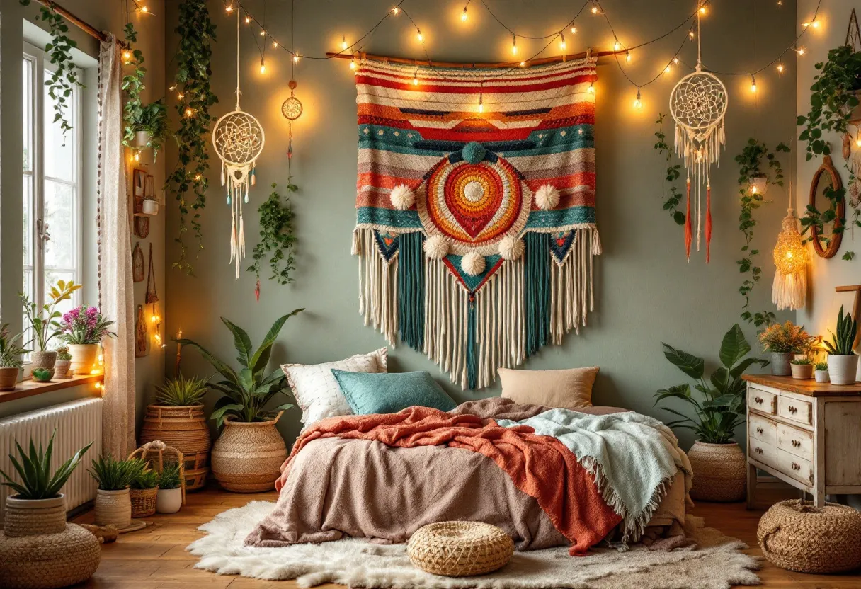 This bohemian bedroom exudes warmth and individuality through its eclectic mix of colors and textures. The centerpiece is a vibrant, woven tapestry that hangs above the bed, adorned with rich reds, oranges, and teals in intricate patterns. A cozy, inviting bed is layered with plush throws and pillows in earthy tones, complementing the room's palette. Strung above are delicate fairy lights casting a soft, warm glow that enhances the relaxed, inviting atmosphere.

The room is filled with an array of greenery, with various plants in woven baskets and pots, contributing to the organic, free-spirited feel. Dreamcatchers hang artfully among the plants, adding a touch of whimsy. The wooden furniture, such as the bedside table, adds to the natural ambiance, while the soft, woven rug beneath the bed enhances the room's cozy, tranquil essence. Together, these elements create a harmonious and serene space perfect for relaxation and creative reflection.