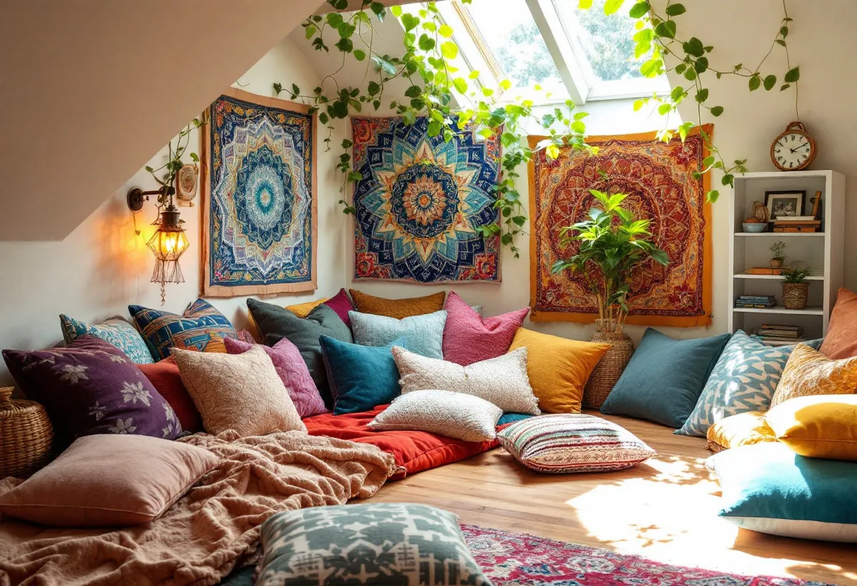 This bohemian bedroom is a vibrant and cozy sanctuary, characterized by its explosion of colors and textures. The room features an array of throw pillows in rich hues such as teal, mustard, burgundy, and coral, inviting comfort and relaxation in a casual and eclectic manner. These cushions are scattered across a soft, unmade bed or seating area, layered with plush blankets that add warmth and depth. The bohemian style thrives on mixing patterns and materials, as evidenced by the intricate mandala tapestries adorning the walls, each in bold and contrasting colors. These tapestries not only provide a visual focal point but also enhance the cultural and artistic vibe of the space.

Natural elements are seamlessly incorporated, with trailing green plants that cascade from the ceiling, adding freshness and life to the room. Sunlight filters through a skylight, creating a bright and airy atmosphere while casting soft shadows on the wooden floor. A beautifully designed hanging lamp emits a warm glow, complementing the room's inviting ambiance. In one corner, a white bookcase filled with books and personal touches, like framed pictures and small plants, adds to the room's charm and personalized feel. This cozy bohemian bedroom offers a perfect escape, blending comfort, creativity, and a touch of nature.