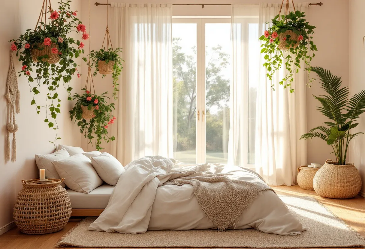 This bohemian bedroom exudes a calming and inviting atmosphere. The room is filled with natural light streaming through sheer, white curtains that feather over large windows. The bed is simple and cozy, layered with soft white linens and a textured beige throw, creating a serene setting. Hanging planters with lush greenery and vibrant flowers add a pop of color and life, emphasizing a connection to nature. A woven basket serves as a side table, holding a candle that adds a warm glow to the space.

The decor incorporates an earthy color palette, with a light, natural wood floor and a soft, neutral area rug. The presence of woven textures, from the baskets to the wall hangings, enhances the bohemian feel, adding layers of interest and comfort. The potted plant in the corner contributes to the organic aesthetic, making the room feel fresh and lively. This bedroom captures the essence of bohemian style by harmoniously blending natural elements, tactile textiles, and a relaxed, peaceful environment.