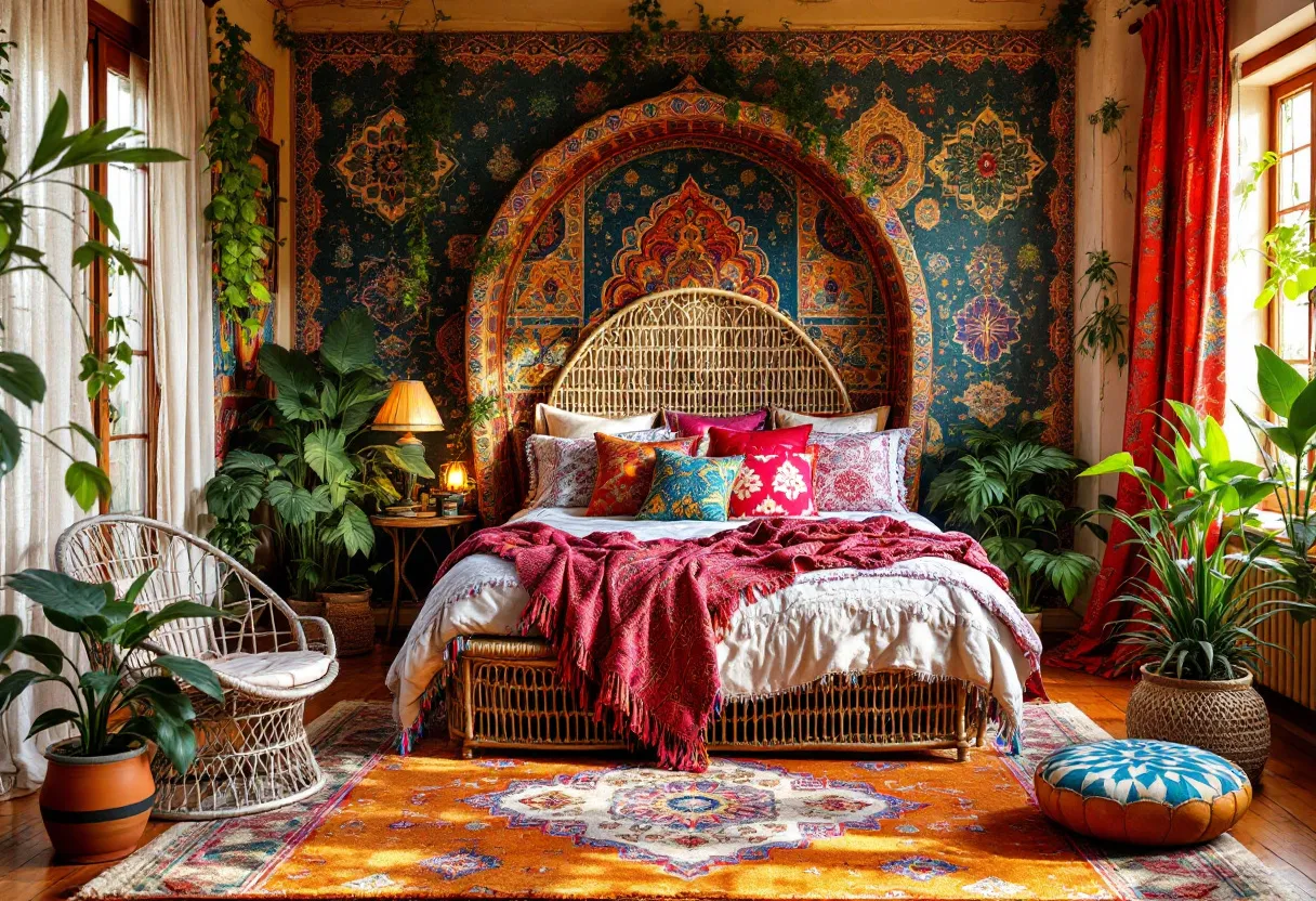 This bohemian bedroom exudes warmth and vibrancy through its eclectic mix of colors and textures. The bed, adorned with a variety of pillows in bold reds and blues, takes center stage, complemented by a richly patterned throw. The intricate tapestry behind the bed adds depth to the space, with its intricate design pulling in hues from the room's overall color scheme. A sense of comfort and relaxation is enhanced by the abundance of lush greenery positioned around the room, blending harmoniously with the natural light streaming in from the windows.

The decor incorporates rattan elements, including a chair and an elegant headboard, contributing to the organic feel of the room. A striking orange rug with traditional motifs grounds the space, creating a cohesive bohemian aesthetic. Ambient lighting from the bedside lamps casts a soft glow, enhancing the room's inviting and cozy atmosphere. Vibrant curtains framing the windows add another layer of texture and color, reinforcing the lively and free-spirited design that characterizes this bohemian sanctuary.