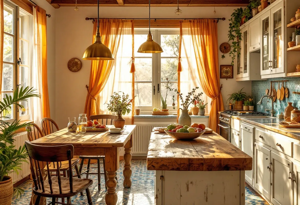 This bohemian kitchen exudes warmth and character through its use of natural elements and vibrant colors. The sunlight filters softly through the airy, orange curtains, casting a golden glow that complements the wooden textures throughout the room. A large, rustic wooden dining table takes center stage, surrounded by mismatched chairs that enhance the eclectic vibe. Potted plants strategically placed around the kitchen introduce a fresh, organic feel, reinforcing the connection to nature typical in bohemian aesthetics.

The kitchen is rich in personal touches and decorative details. Open shelving displays an array of colorful crockery and glassware, while hanging utensils and vibrant tiles add an artistic flair to the space. Brass pendant lighting above the island casts a warm, inviting light, enhancing both functionality and style. Overall, the kitchen embodies a cozy and inviting atmosphere, celebrating a mix of functionality and aesthetic appeal synonymous with bohemian design.