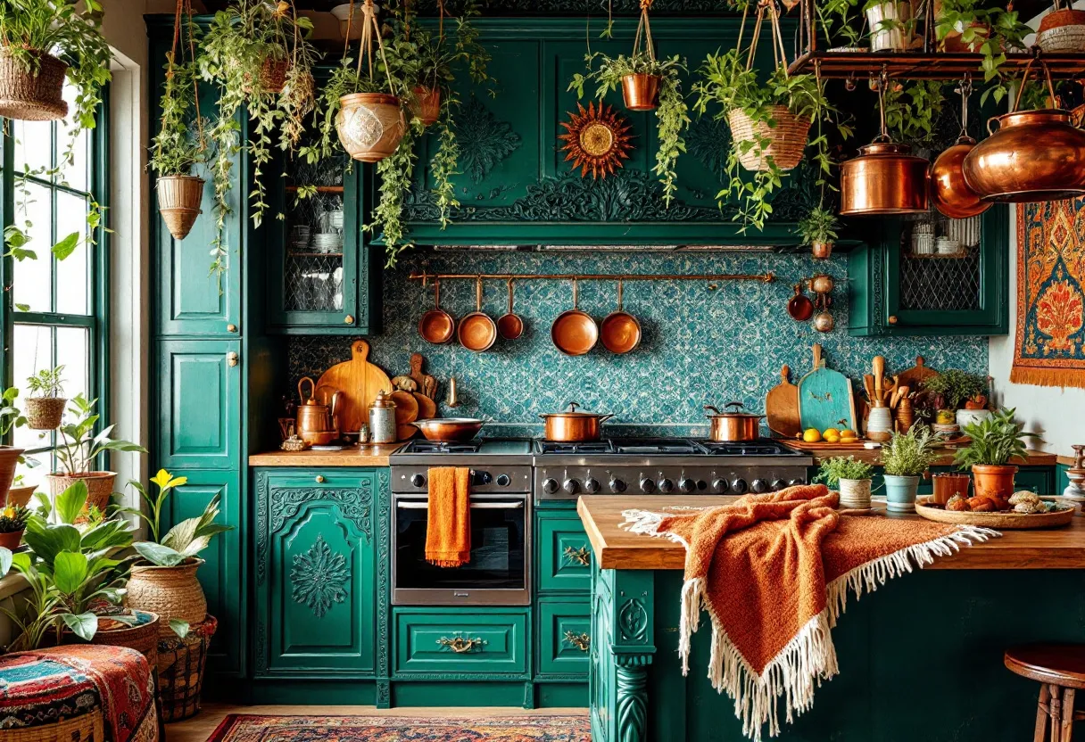 This bohemian kitchen exudes warmth and vibrancy with its rich green cabinetry and eclectic decor. The cabinets are ornately designed, lending a vintage charm that complements the boho aesthetic. Above the stove, an array of copper pots and pans add a rustic touch, further enhanced by the intricate blue and green tile backsplash. The hanging plants throughout the kitchen bring life and freshness, creating an inviting and serene atmosphere. 

Natural elements are evident, with wooden countertops and cutting boards that support the earthy, organic vibe. The orange and rust textiles draped over the kitchen island introduce a cozy texture and visual warmth. Potted herbs and greenery are strategically placed, suggesting a love for cooking and nature. The overall effect is a harmonious blend of color, pattern, and texture, making the kitchen a vibrant hub for both relaxation and creativity.