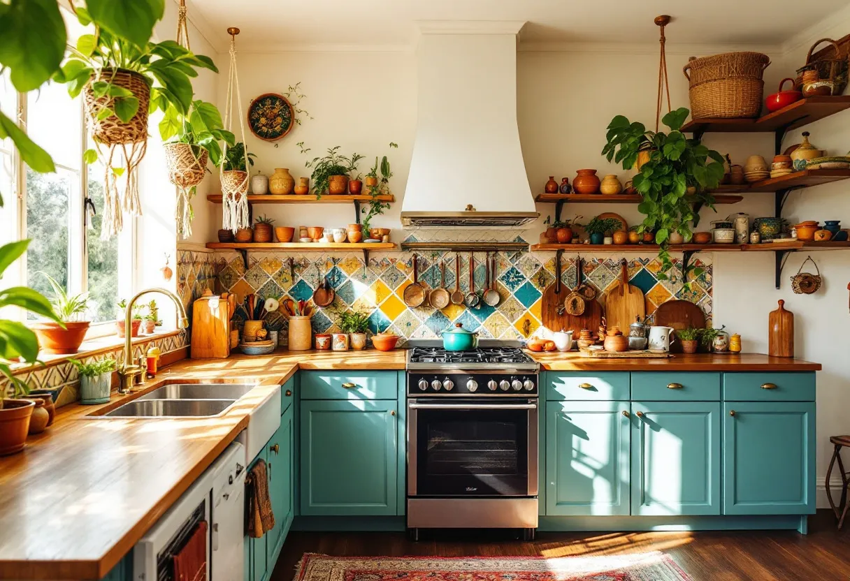 This bohemian kitchen exudes warmth and creativity with its eclectic mix of colors and natural elements. The vibrant mosaic tile backsplash, composed of a mix of blues, yellows, and greens, serves as a focal point, adding a touch of artistic flair. The use of wooden countertops and open shelving contributes to a rustic yet cozy atmosphere, where an array of clay pots and wooden utensils are displayed, emphasizing an earthy and handmade aesthetic. Hanging plants and macramé holders introduce lush greenery, enhancing the organic feel of the space while complementing the natural light streaming in from the windows.

The kitchen cabinets, painted in a soft teal, contrast beautifully with the warm wooden tones and the lively backsplash, creating a harmonious color palette. Artistic touches are evident in the choice of detailed knobs and vintage-style rugs, which add layers of texture and comfort underfoot. The arrangement of various kitchenware and potted herbs showcases a balance between functionality and decoration, making the space inviting and practical. Overall, this bohemian kitchen feels both curated and lived-in, offering a welcoming environment that celebrates individuality and creativity.