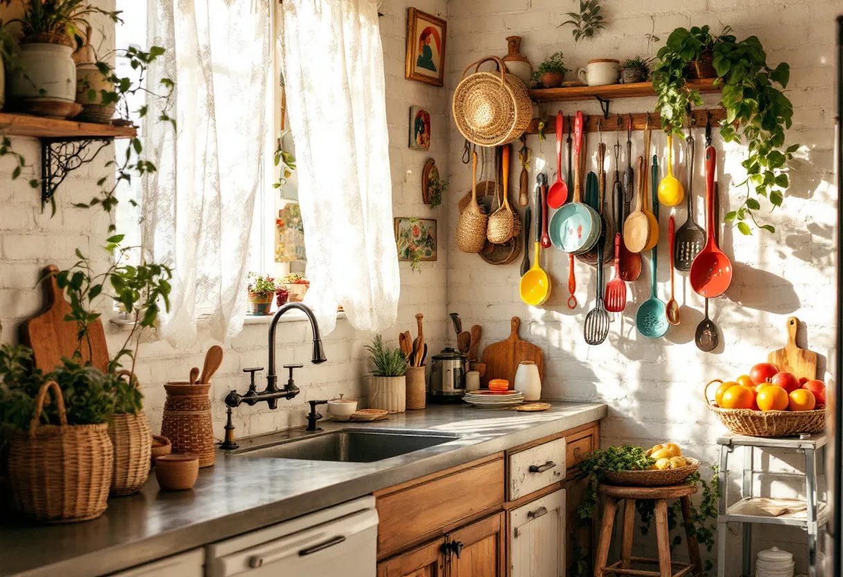 This bohemian kitchen exudes a warm and inviting atmosphere, characterized by its eclectic mix of textures and colors. The walls, adorned with white brick, provide a neutral backdrop that enhances the array of vibrant kitchen utensils hanging on display. These utensils, varying in color from bright reds to deep blues and sunny yellows, add a playful and artistic touch. The wooden countertop complements the rustic charm, with baskets and cutting boards adding practical yet decorative elements. The presence of potted plants further enriches the space, integrating a touch of nature and enhancing the bohemian vibe.

Natural light floods the kitchen through delicate lace curtains, creating a soft and serene environment. The sunlight casts gentle shadows over the countertops, adding depth and highlighting the fresh fruits placed in woven baskets. Artworks on the walls lend a personal touch, while the strategic placement of greenery brings a sense of life and freshness. Overall, this kitchen embodies a harmonious blend of creativity and functionality, encouraging a cozy and inviting atmosphere perfect for culinary exploration.