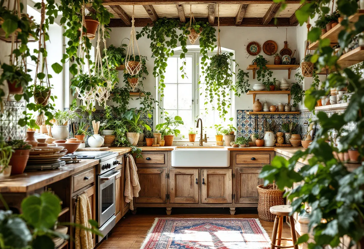 This bohemian kitchen is a sanctuary of natural textures and lush greenery. The wooden cabinets and countertops give the space a warm, earthy feel, enhanced by the abundant use of vibrant houseplants. The plants are creatively arranged in hanging macramé planters and terracotta pots, adding to the organic and free-spirited vibe. The ceiling boasts exposed wooden beams, further contributing to the rustic charm. A central window bathes the room in natural light, highlighting the intricate tile backsplash that combines colorful patterns with a touch of eclectic elegance.

Bohemian elements like open shelving display an array of ceramic dishes and pots, blending both function and decoration. A rug with muted tones adds warmth and ties the space together, creating a cozy area underfoot. The kitchen balances simplicity with an artistic flair, where every element feels thoughtfully curated. This harmonious blend of nature, texture, and color fosters an inviting and tranquil environment, perfect for cooking and gathering.