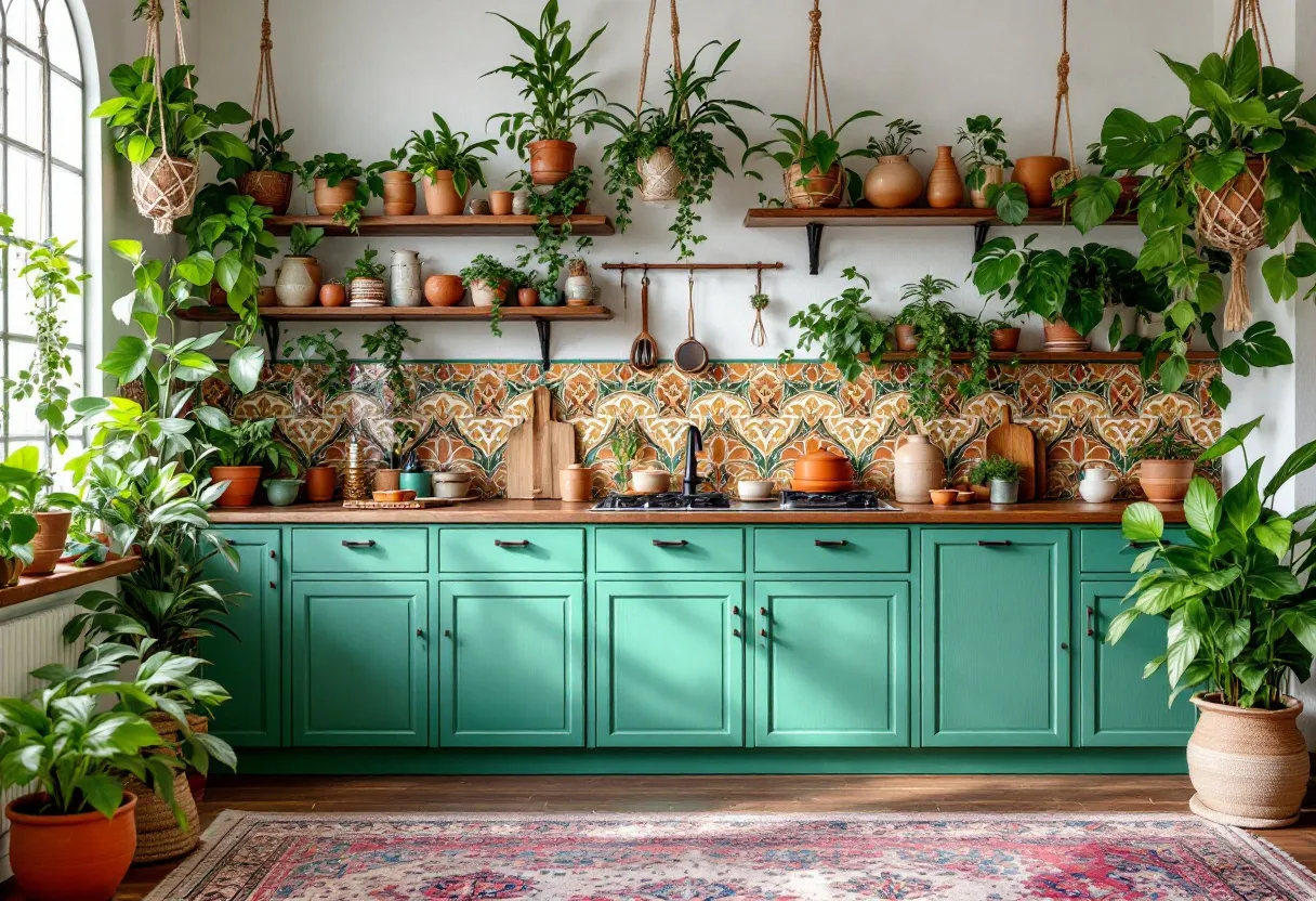 This bohemian kitchen is a vibrant, eclectic space that effortlessly blends color, texture, and natural elements. The prominent feature is the abundance of lush greenery distributed throughout the room, with potted plants adorning shelves and hanging from the ceiling in macramé holders. These plants not only enhance the kitchen's natural aesthetic but also create a refreshing and lively atmosphere. The green cabinetry complements the plant life, drawing the eye with its bold hue and sturdy design. The wooden countertop adds warmth, providing a natural balance to the vibrant surroundings.

The kitchen’s backsplash is a striking highlight, featuring intricate, colorful patterns that evoke a sense of wanderlust and artistic expression. This tilework ties together the bohemian theme, adding a layer of visual interest and cultural richness. Earth-toned pottery and rustic kitchenware are displayed openly, reinforcing the kitchen's creative and relaxed vibe. Overall, this bohemian kitchen is a harmonious mix of art and nature, inviting warmth and creativity into the heart of the home.