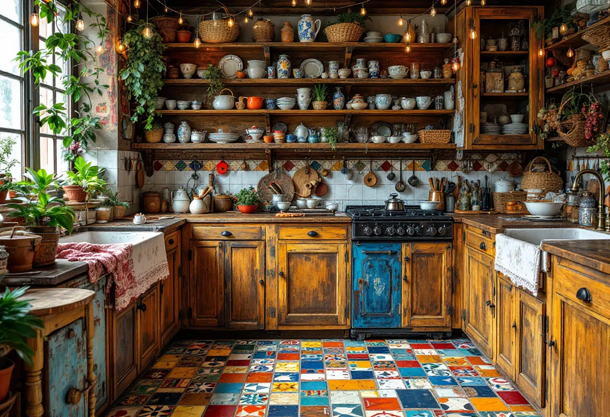 This bohemian kitchen exudes a warm and eclectic charm, characterized by its vibrant and colorful elements. The patchwork floor tiles create an eye-catching mosaic of colors and patterns, contributing to the lively and artistic atmosphere. Wooden cabinets with a distressed finish add rustic warmth and character. Open wooden shelves line the walls, filled with an assortment of eclectic dishes, pots, and decorative pieces that add to the kitchen's bohemian flair. The shelves display an array of ceramics and woven baskets, which enhance the organic and textured aesthetic of the space.

Plants are thoughtfully integrated throughout the kitchen, adding freshness and a natural touch. They hang from shelves and sit atop counters, infusing the room with a sense of life and whimsy. The string lights draped above the shelves create a cozy and inviting ambiance, casting a warm glow across the space. A window allows natural light to filter in, highlighting the details and creating a dynamic interplay of light and shadow. With its mix of textures, patterns, and colors, this bohemian kitchen is a delightful blend of creativity and comfort.