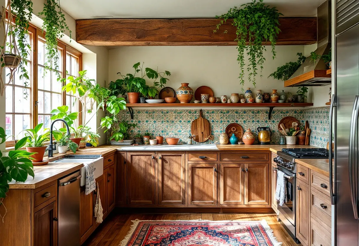 This bohemian kitchen exudes warmth and charm with its harmonious blend of natural elements and eclectic style. The space is adorned with lush green plants cascading from the ceiling and windowsills, creating a vibrant and refreshing atmosphere. Wooden cabinets line the walls, offering a rustic touch that complements the greenery. The natural light streaming through the large windows enhances the space's airy and open feel, making it an inviting place to cook and gather.

The kitchen's decor is a delightful mix of textures and patterns, featuring a striking tile backsplash with intricate designs that add a splash of color and artistry. Open shelves display a variety of earthenware and ceramics, each piece unique and expressive. A richly patterned rug on the floor adds another layer of bohemian flair, tying the room together with its bold colors. This kitchen is not just a place for meal preparation; it's a warm and welcoming sanctuary that invites creativity and relaxation.